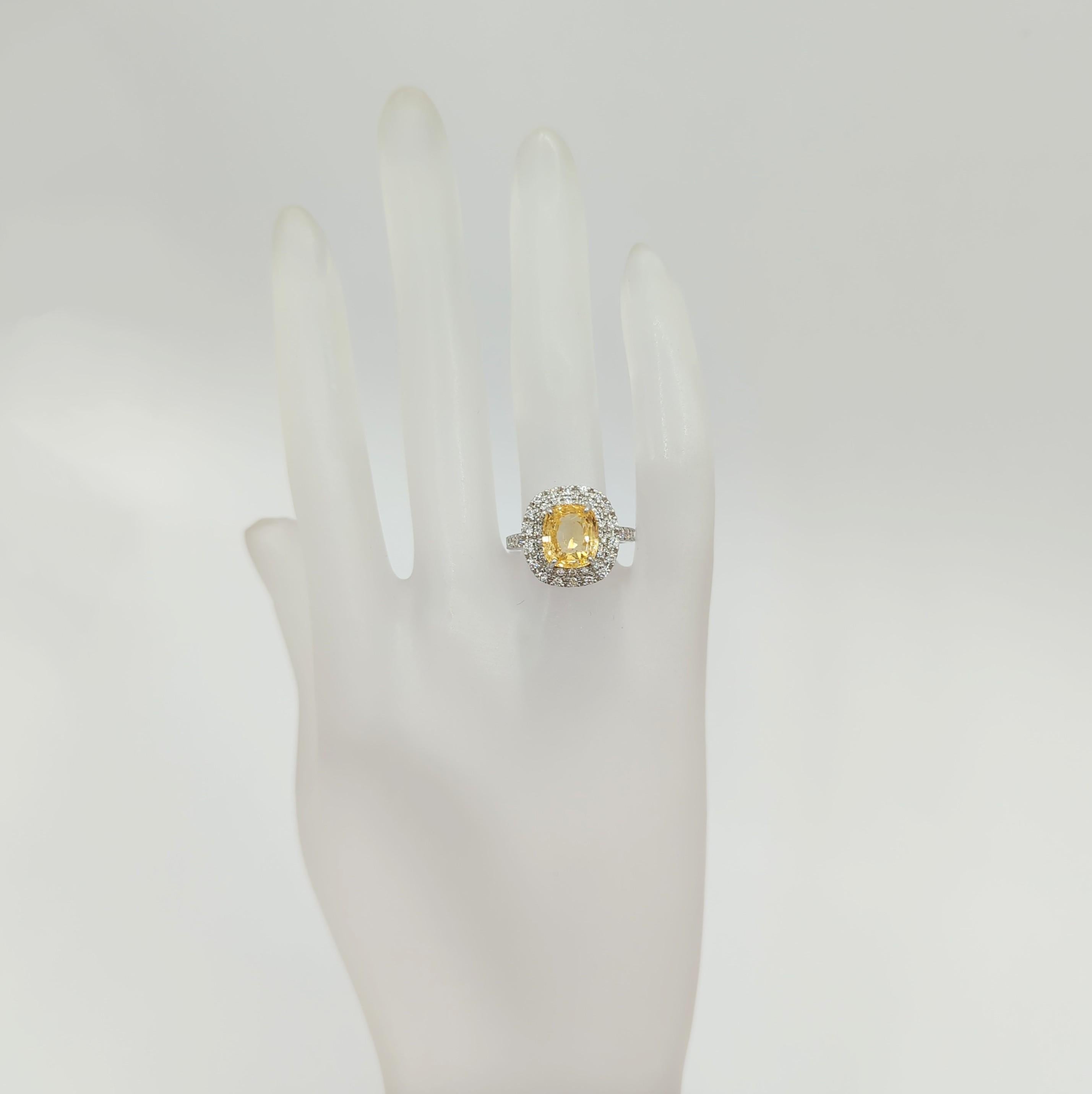 Cushion Cut GIA Unheated Orangy Yellow Sapphire and White Diamond Cocktail Ring in Platinum For Sale