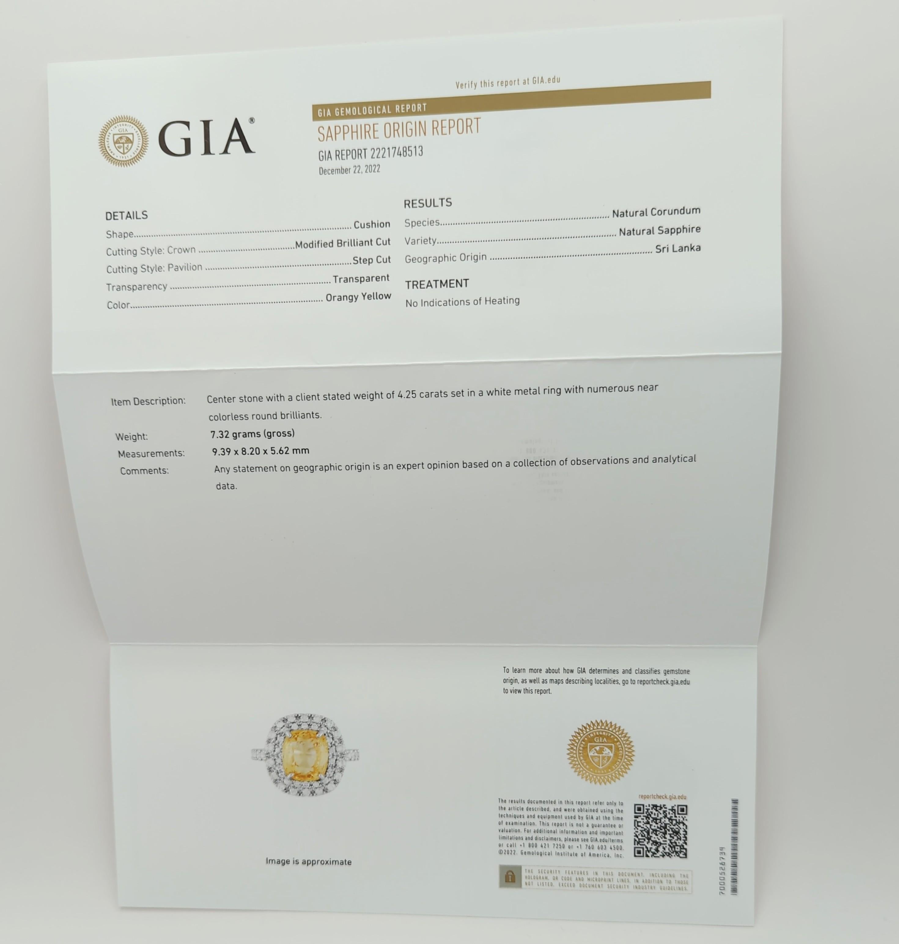 GIA-Cocktailring aus Platin mit unerhitztem orange-gelbem Saphir und weißem Diamant im Angebot 4