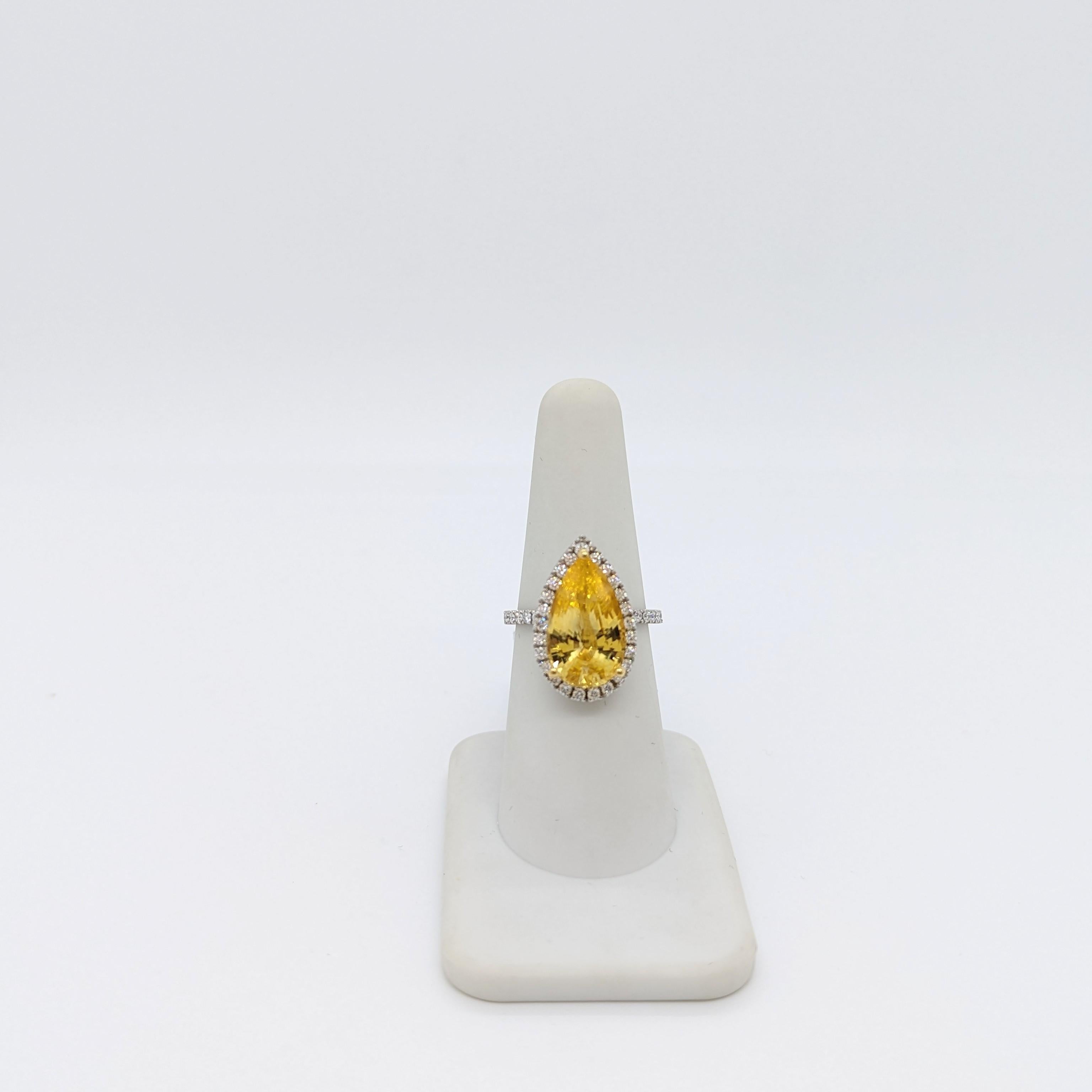 GIA Unheated Orangy Yellow Sapphire Pear and White Diamond Cocktail Ring In New Condition For Sale In Los Angeles, CA