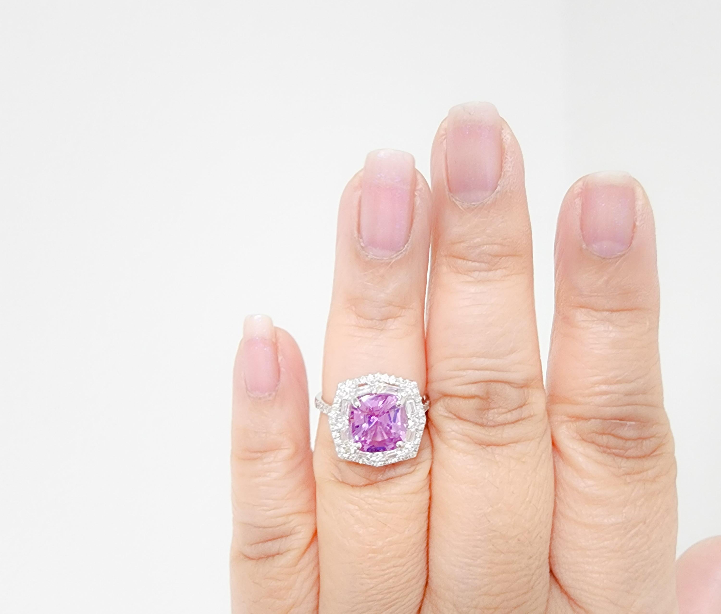 Beautiful 3.24 ct. unheated pink purple sapphire cushion with 0.68 ct. good quality white diamond rounds and baguettes.  Handmade in 14k white gold.  GIA certificate included.  Ring size 6.5.