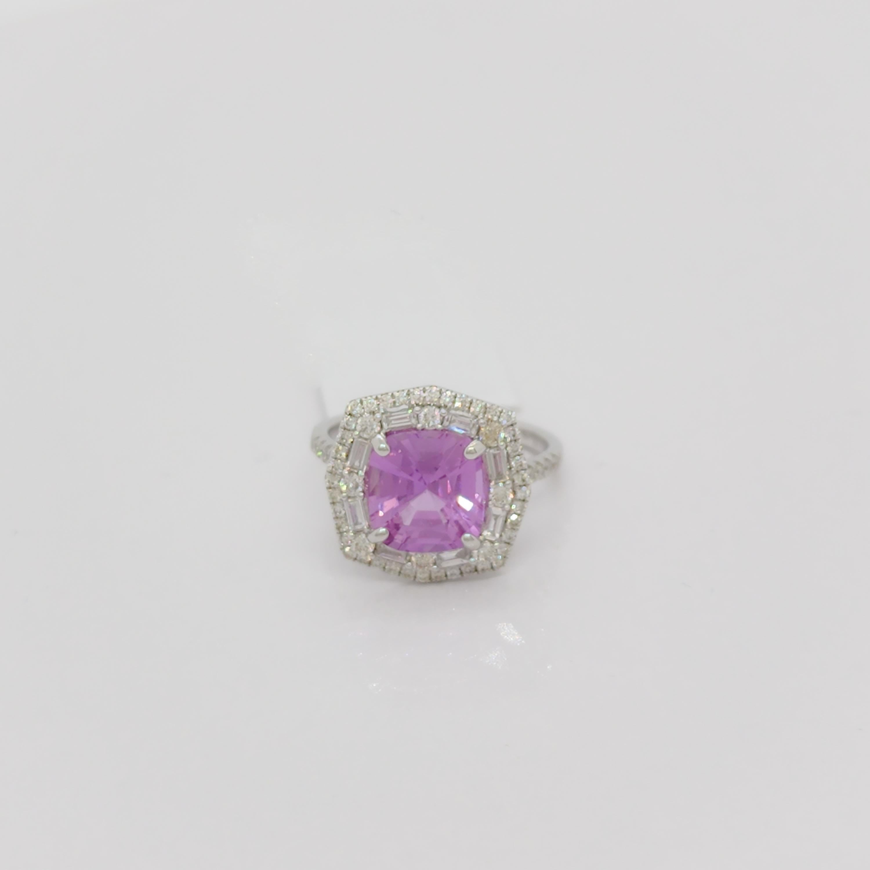 Cushion Cut GIA Unheated Pink Purple Sapphire Cushion and White Diamond Ring in 14k