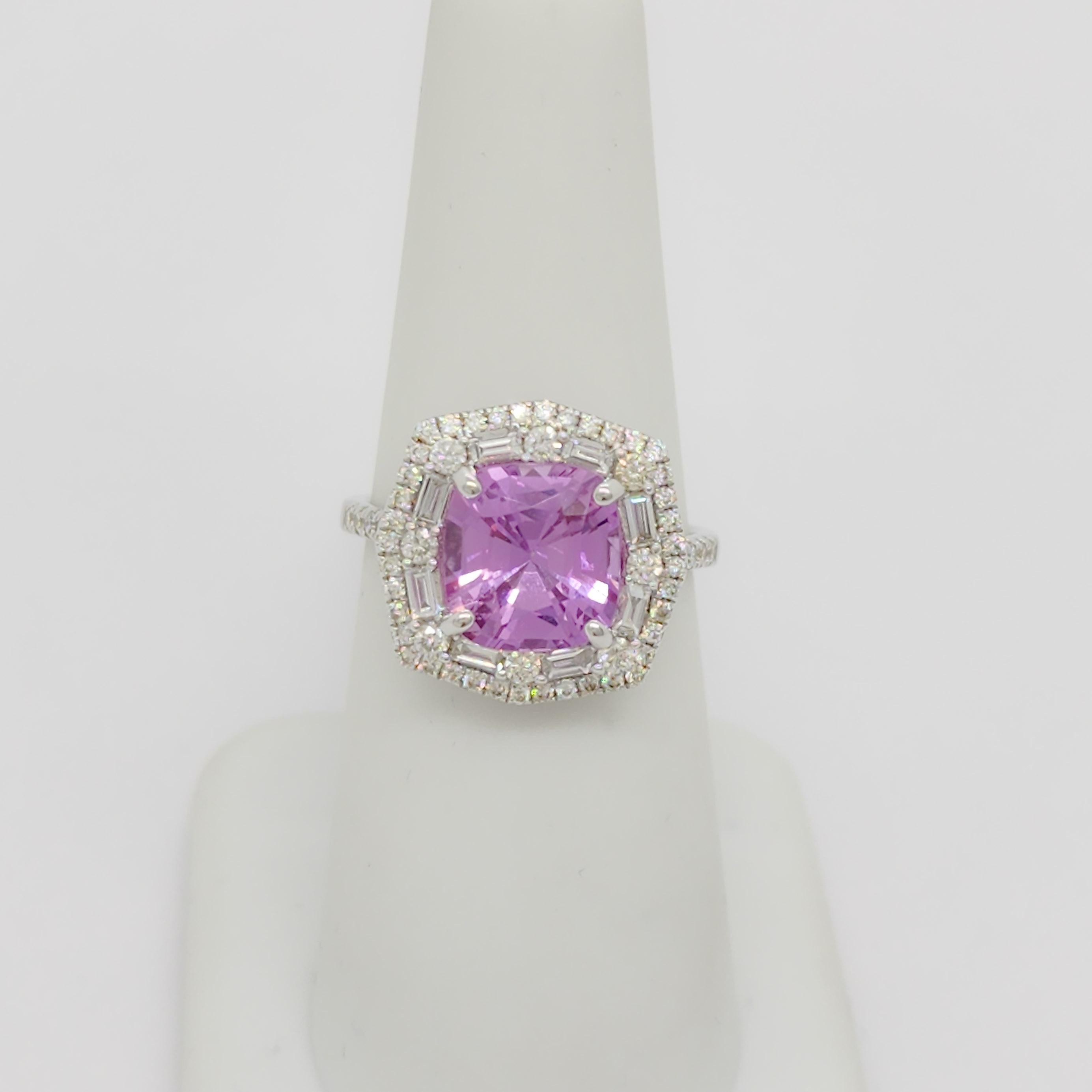 GIA Unheated Pink Purple Sapphire Cushion and White Diamond Ring in 14k In New Condition In Los Angeles, CA