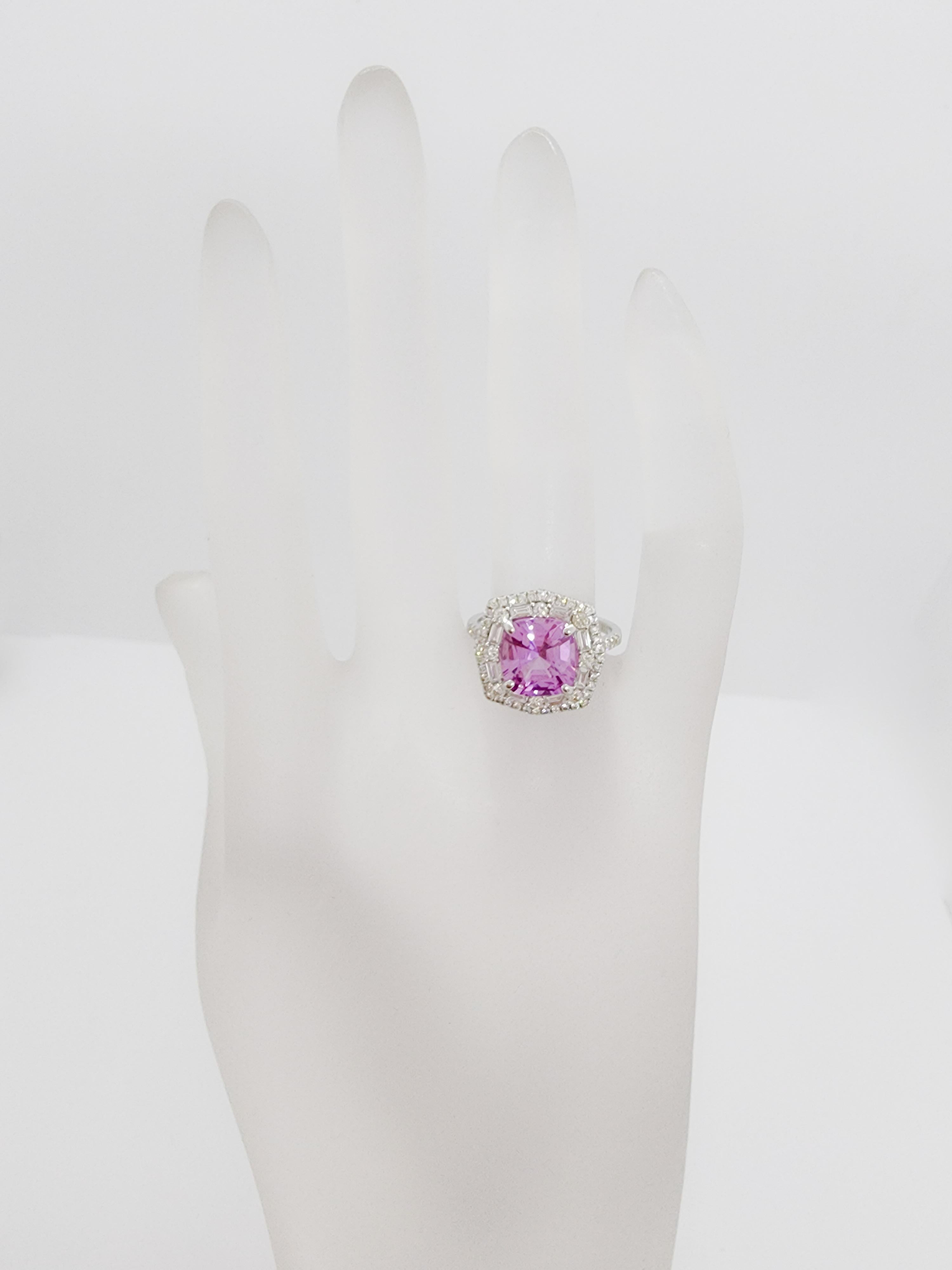 GIA Unheated Pink Purple Sapphire Cushion and White Diamond Ring in 14k 1