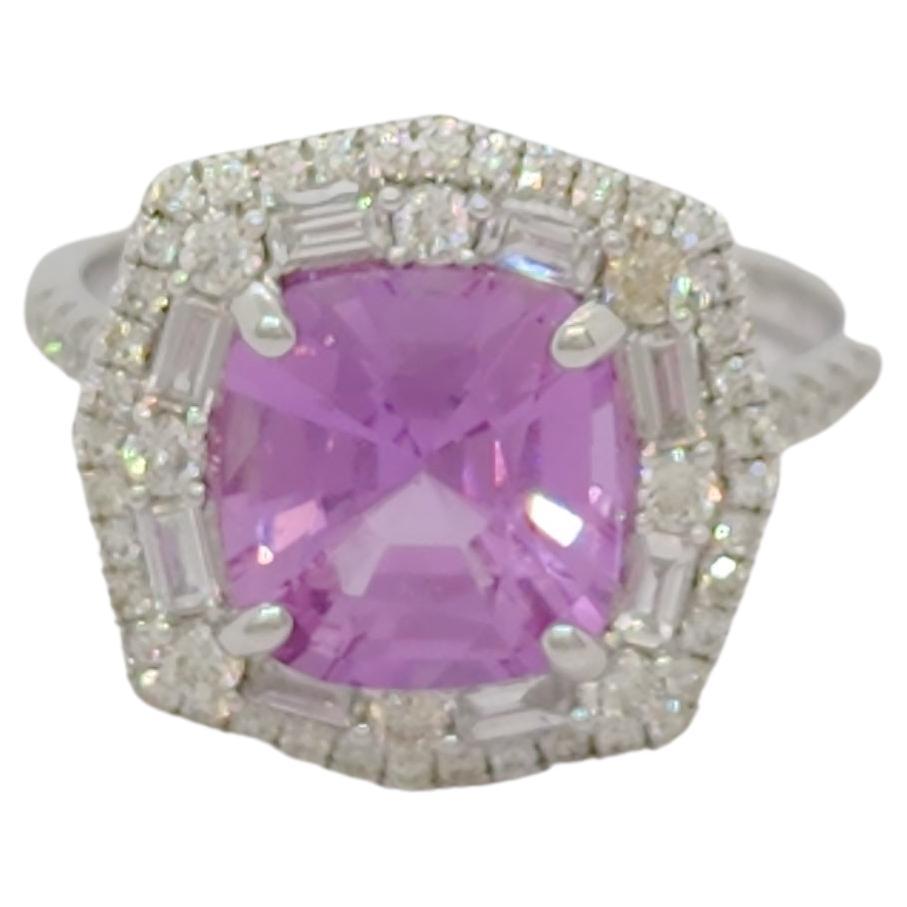 GIA Unheated Pink Purple Sapphire Cushion and White Diamond Ring in 14k