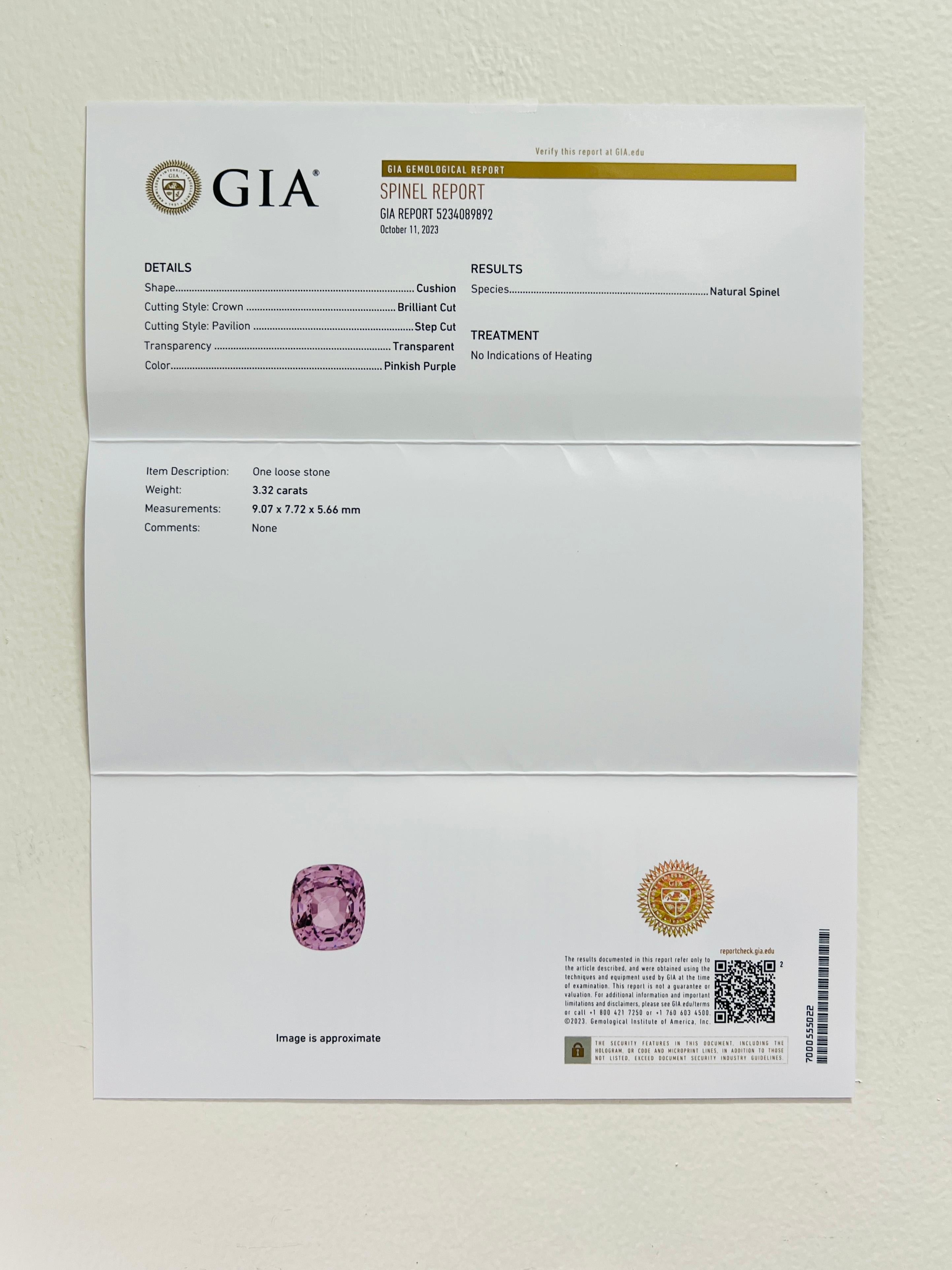 GIA Unheated Pinkish Purple Spinel Cushion, White Diamond, and Sapphire Ring 5