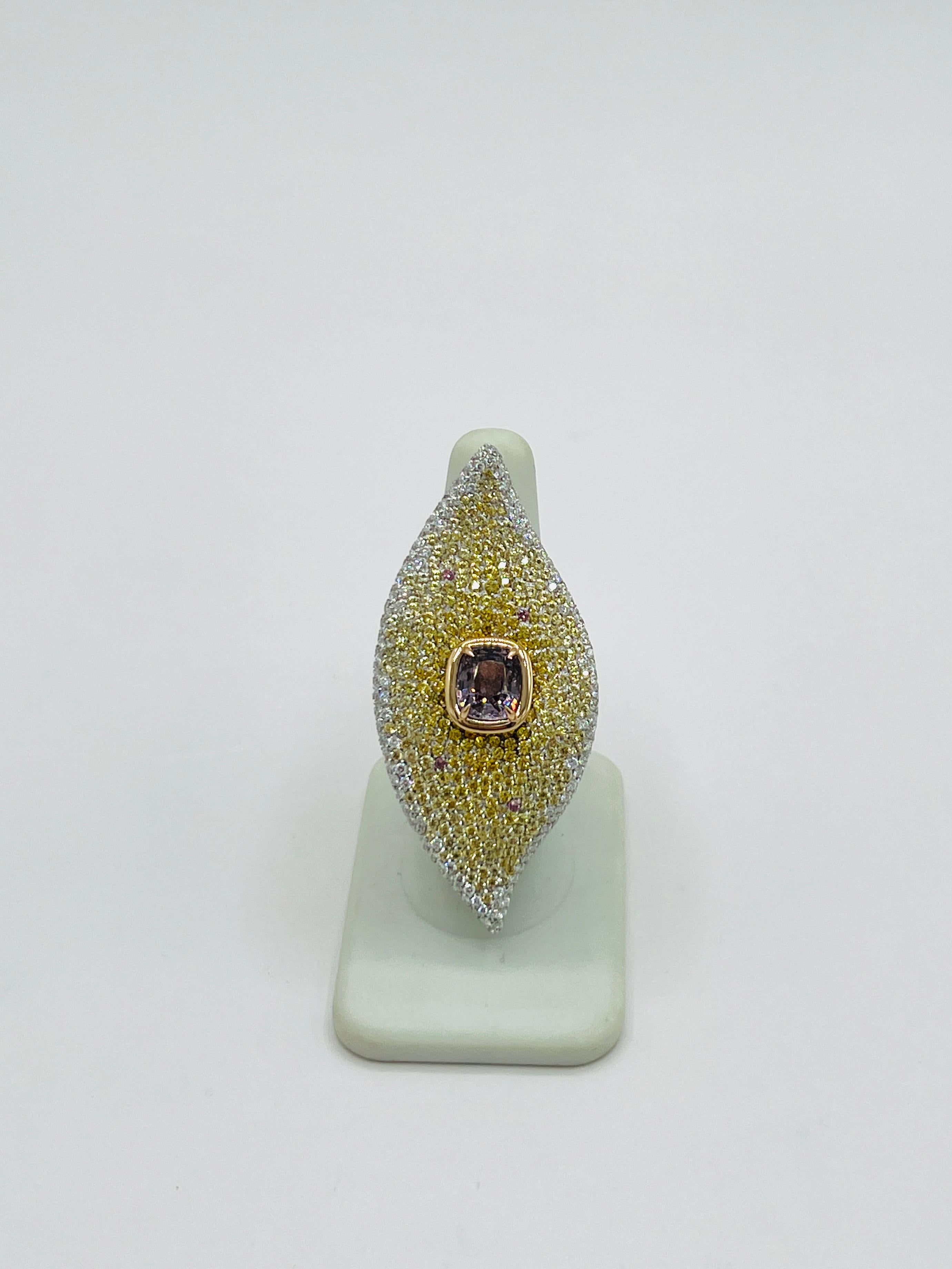 Women's or Men's GIA Unheated Pinkish Purple Spinel Cushion, White Diamond, and Sapphire Ring