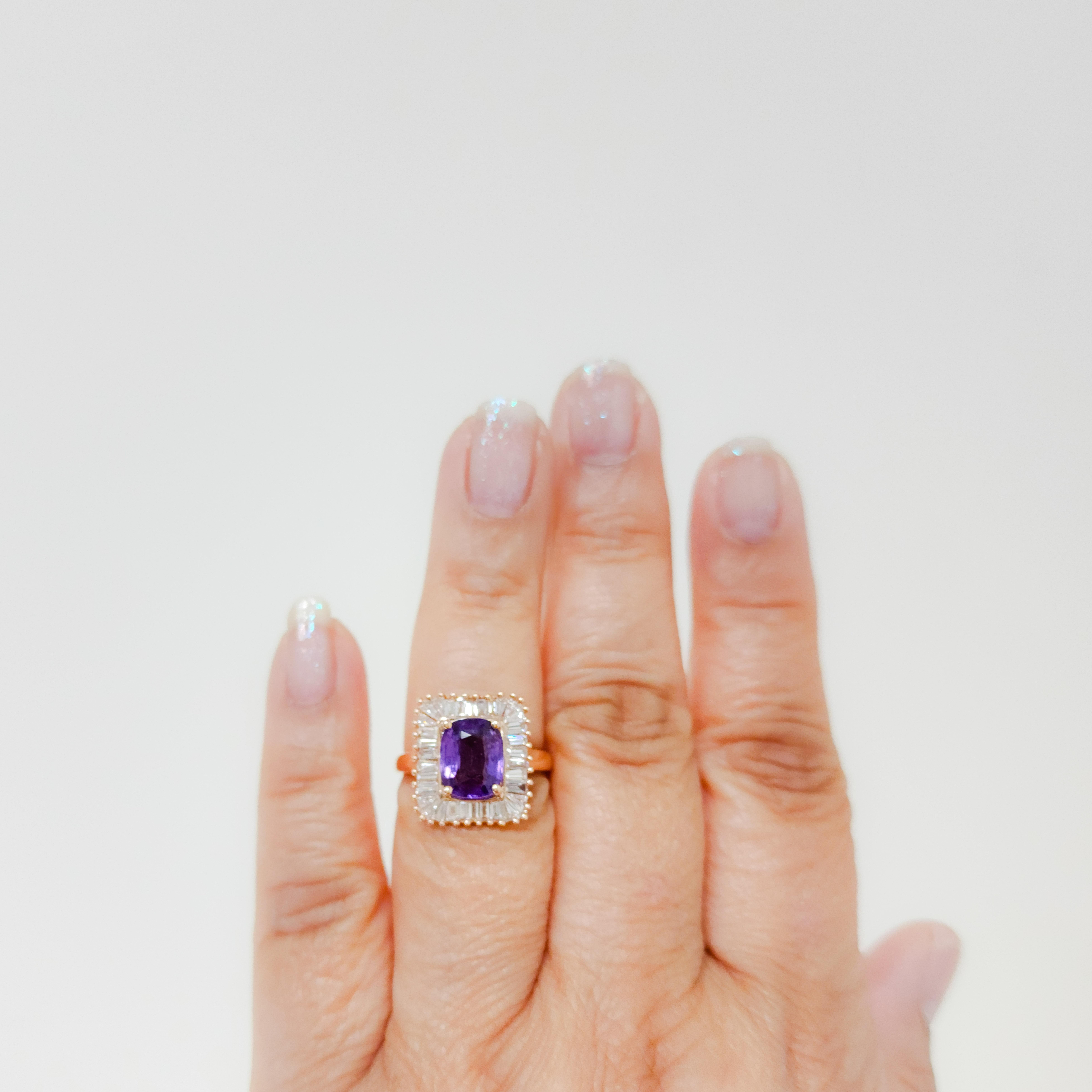 Beautiful 2.81 ct. purple sapphire cushion with 0.90 ct. good quality white diamond baguettes.  Handmade in 14k rose gold.  Ring size 6.75.  GIA certificate included.