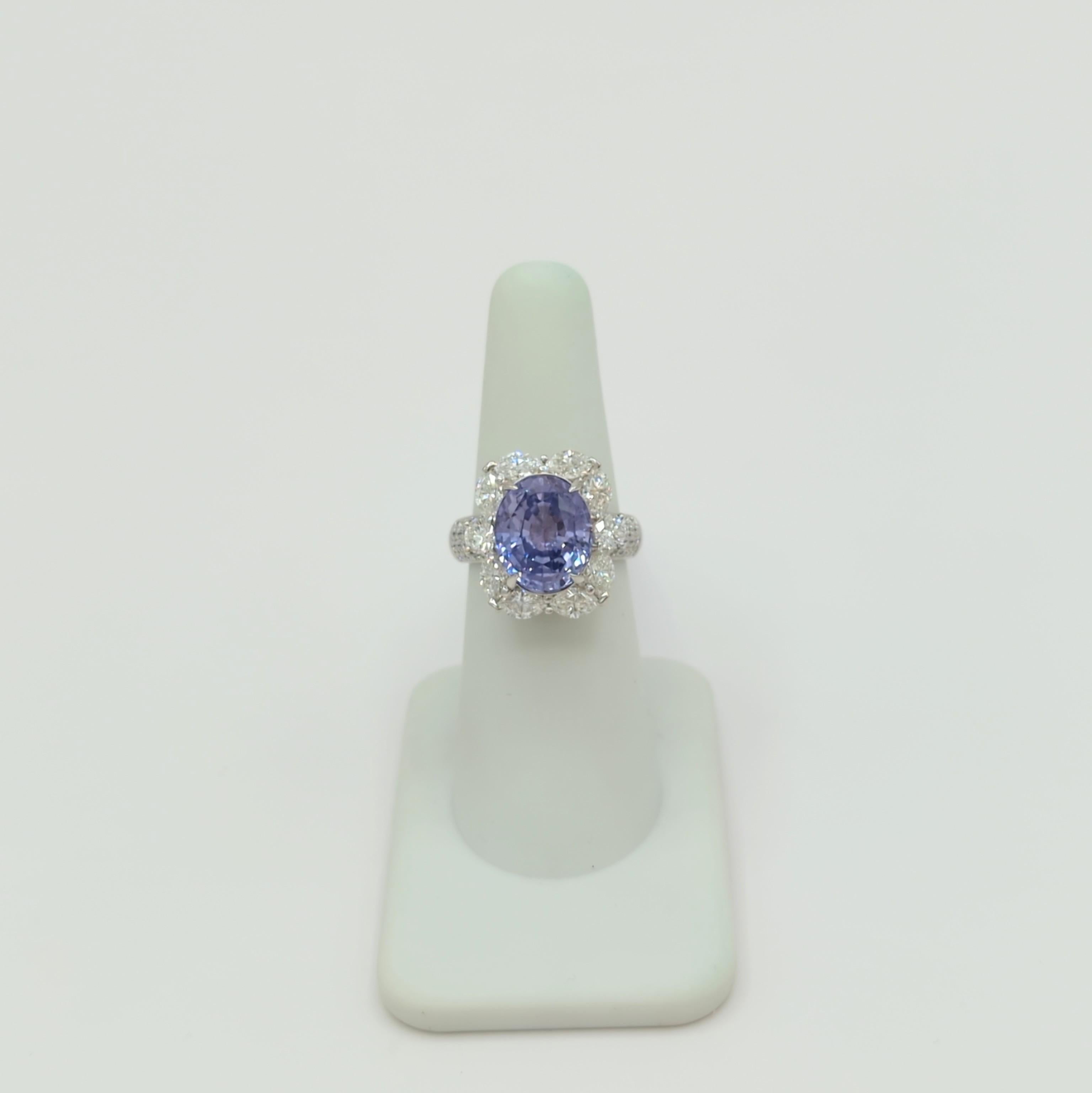 Women's or Men's GIA Unheated Purple Sapphire and White Diamond Ring in 18K White Gold For Sale