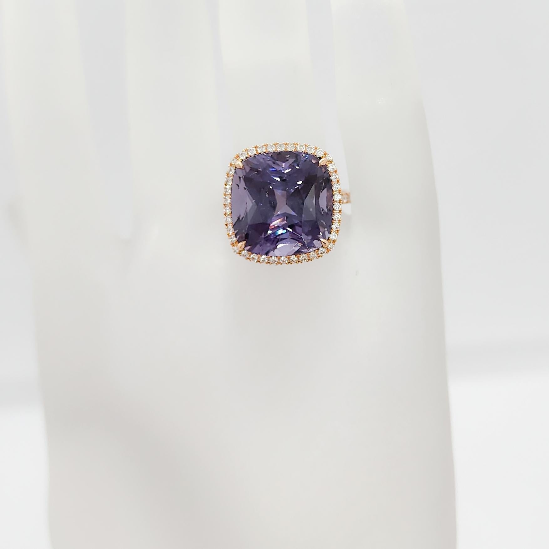 Breathtaking 13.69 ct. unheated purple spinel with 0.60 ct. good quality white diamond rounds.  Handmade in 18k rose gold.  Ring size 6.5.  GIA certificate included.
