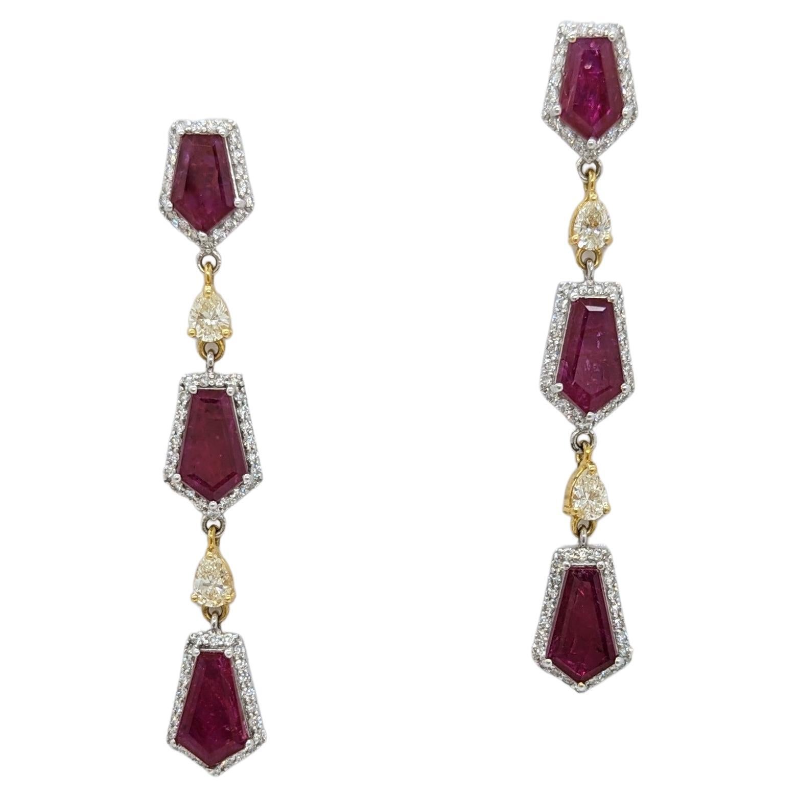 GIA Unheated Purplish Red Ruby and White Diamond Dangle Earrings in 18K For Sale