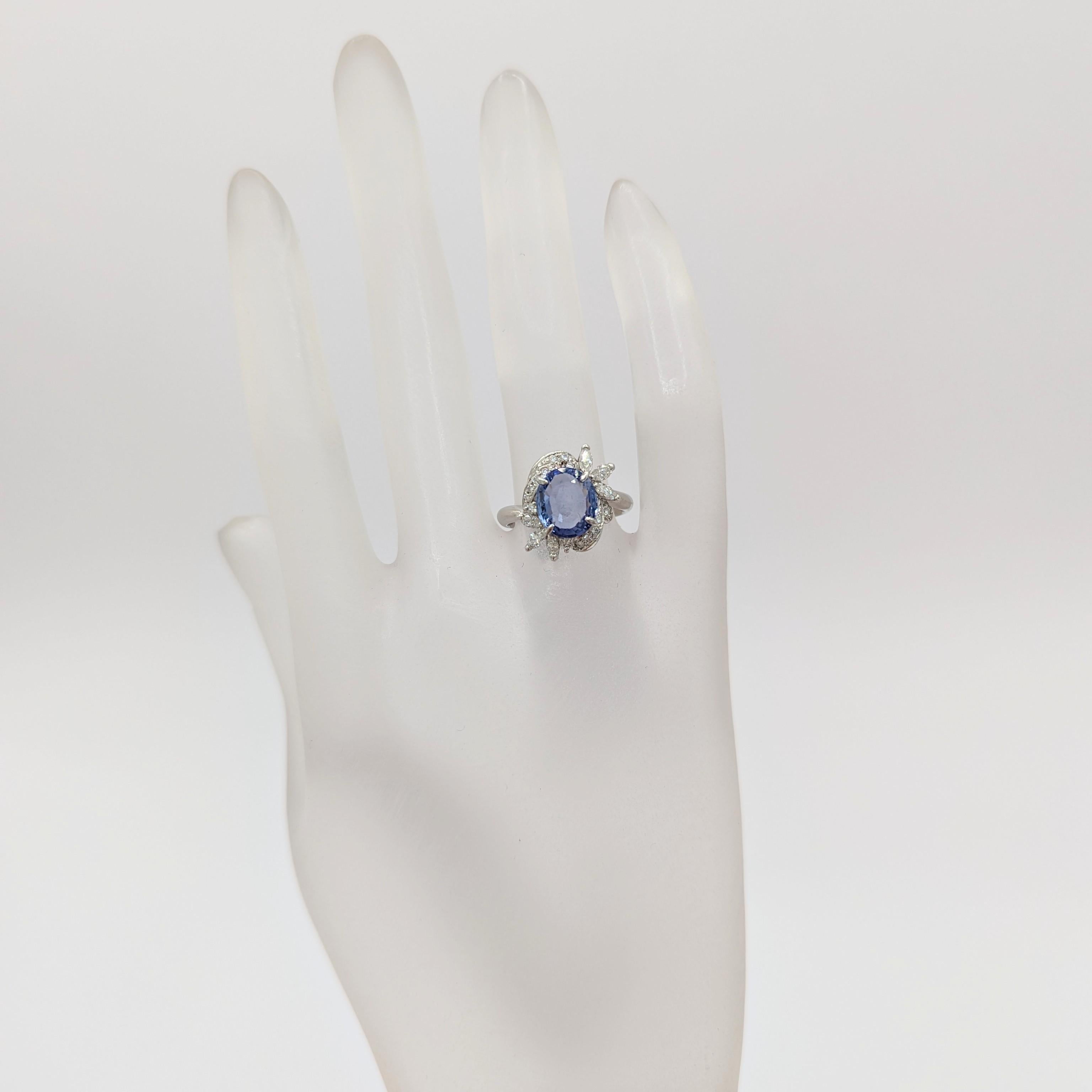 Marquise Cut GIA Unheated Sri Lanka Blue Sapphire and White Diamond Ring in Platinum For Sale