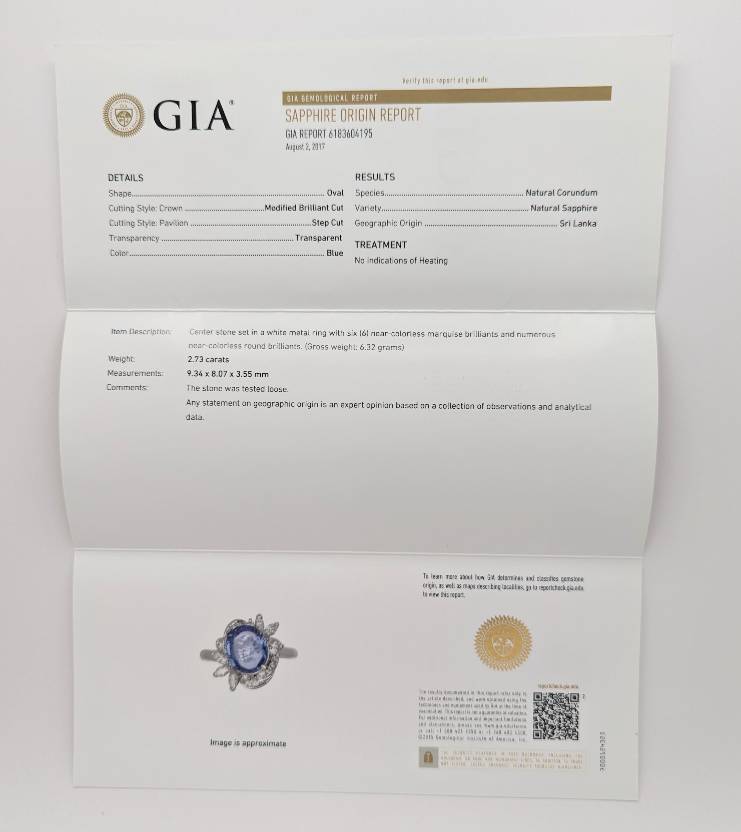GIA Unheated Sri Lanka Blue Sapphire and White Diamond Ring in Platinum For Sale 3