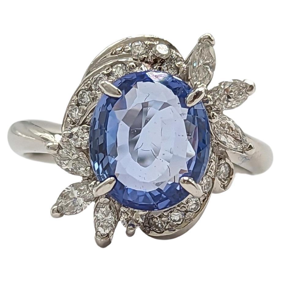 GIA Unheated Sri Lanka Blue Sapphire and White Diamond Ring in Platinum For Sale