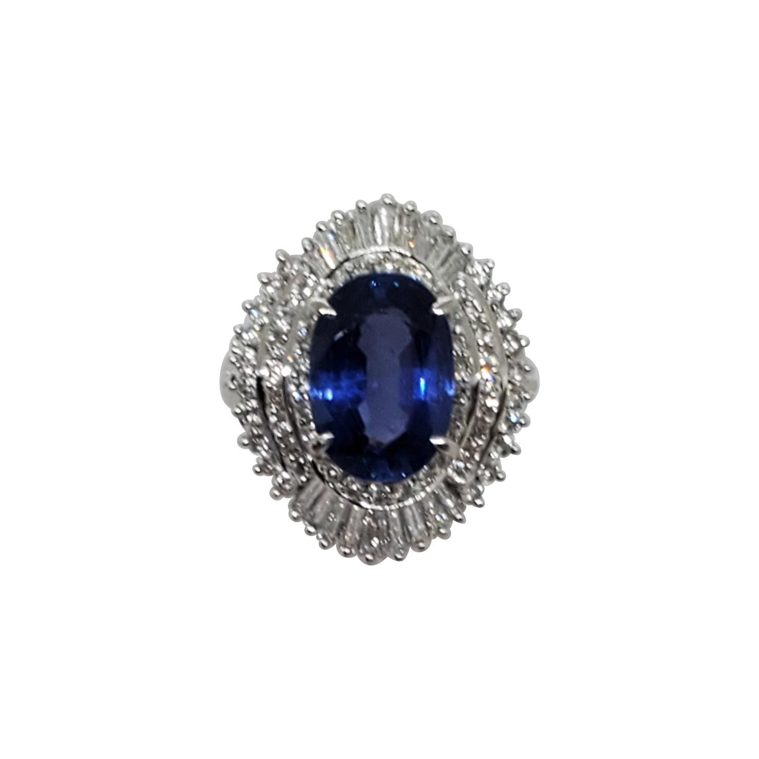 GIA Unheated Sri Lanka Blue Sapphire Oval and White Diamond Cocktail Ring