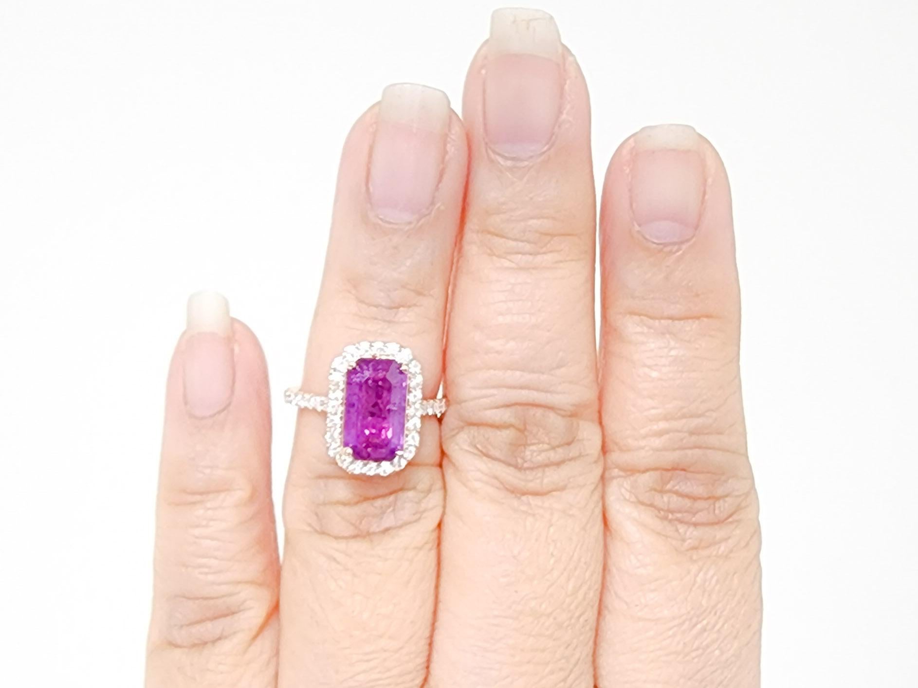 Gorgeous 3.75 ct. Sri Lanka unheated pink purple sapphire octagon with 0.60 ct. good quality white diamond rounds.  Handmade in 18k rose gold.  Ring size 6.5.
GIA certificate included.