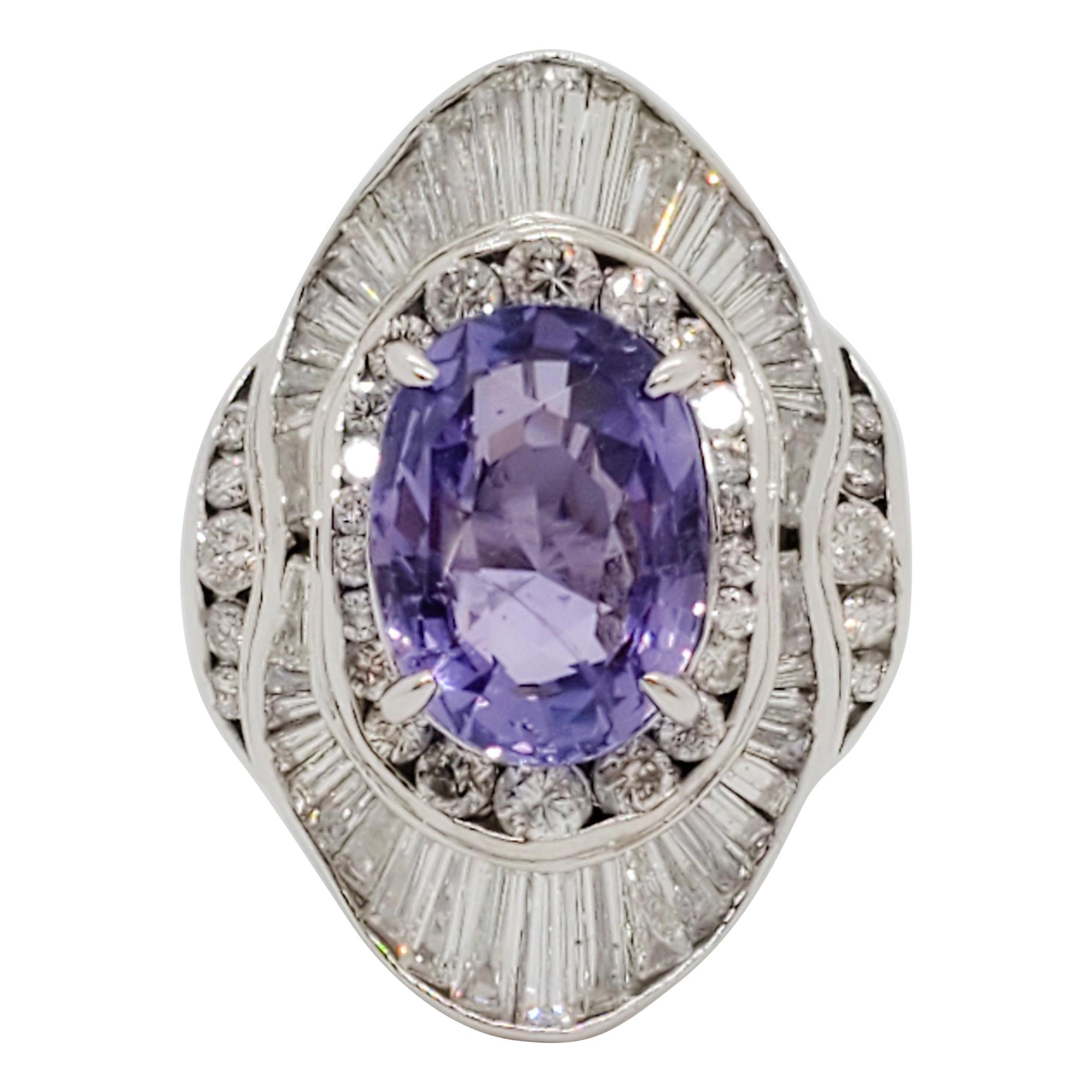 GIA Unheated Sri Lanka Purple Sapphire Oval and White Diamond Cocktail Ring