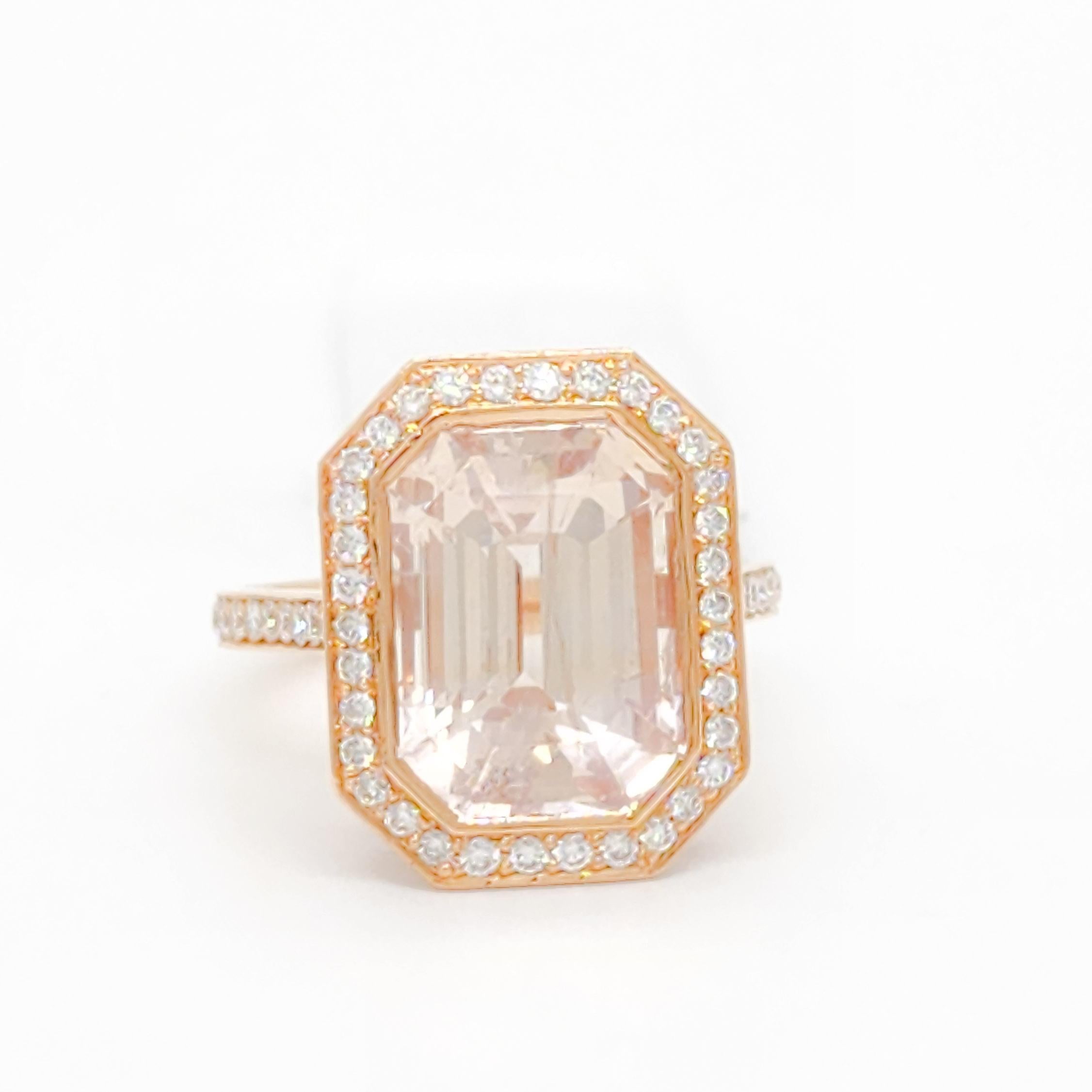 Gorgeous 10.08 ct. GIA unheated very light orange sapphire octagon with 1.06 ct. good quality white diamond rounds.  Handmade in 18k rose gold.  Ring size 6.5.
