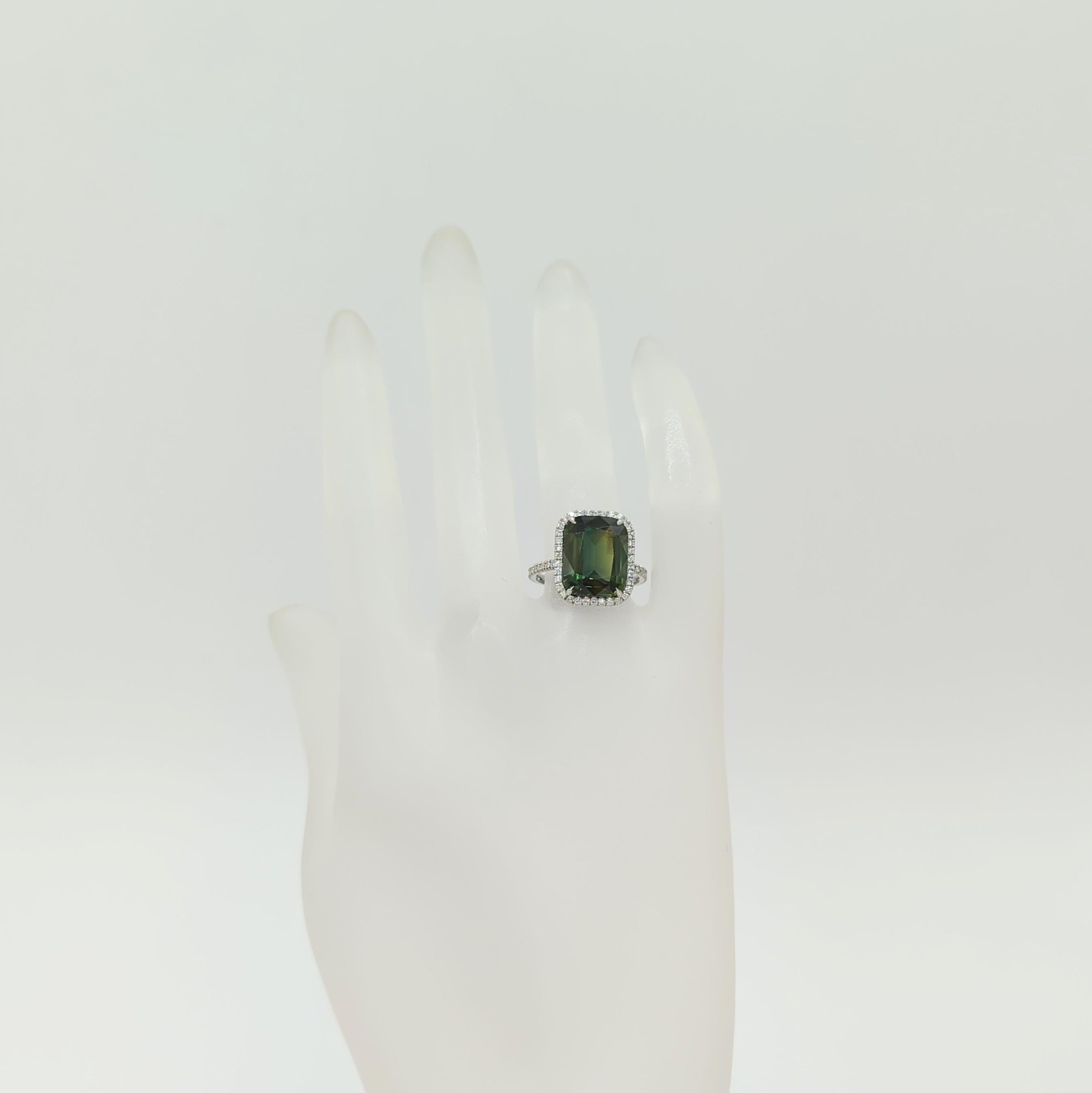 Cushion Cut GIA Unheated Yellow Green Sapphire and White Diamond Cocktail Ring in Platinum For Sale