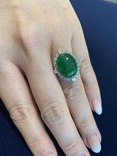 GIA Untreated Jade Oval Cabochon and Diamond Vintage Platinum Ring