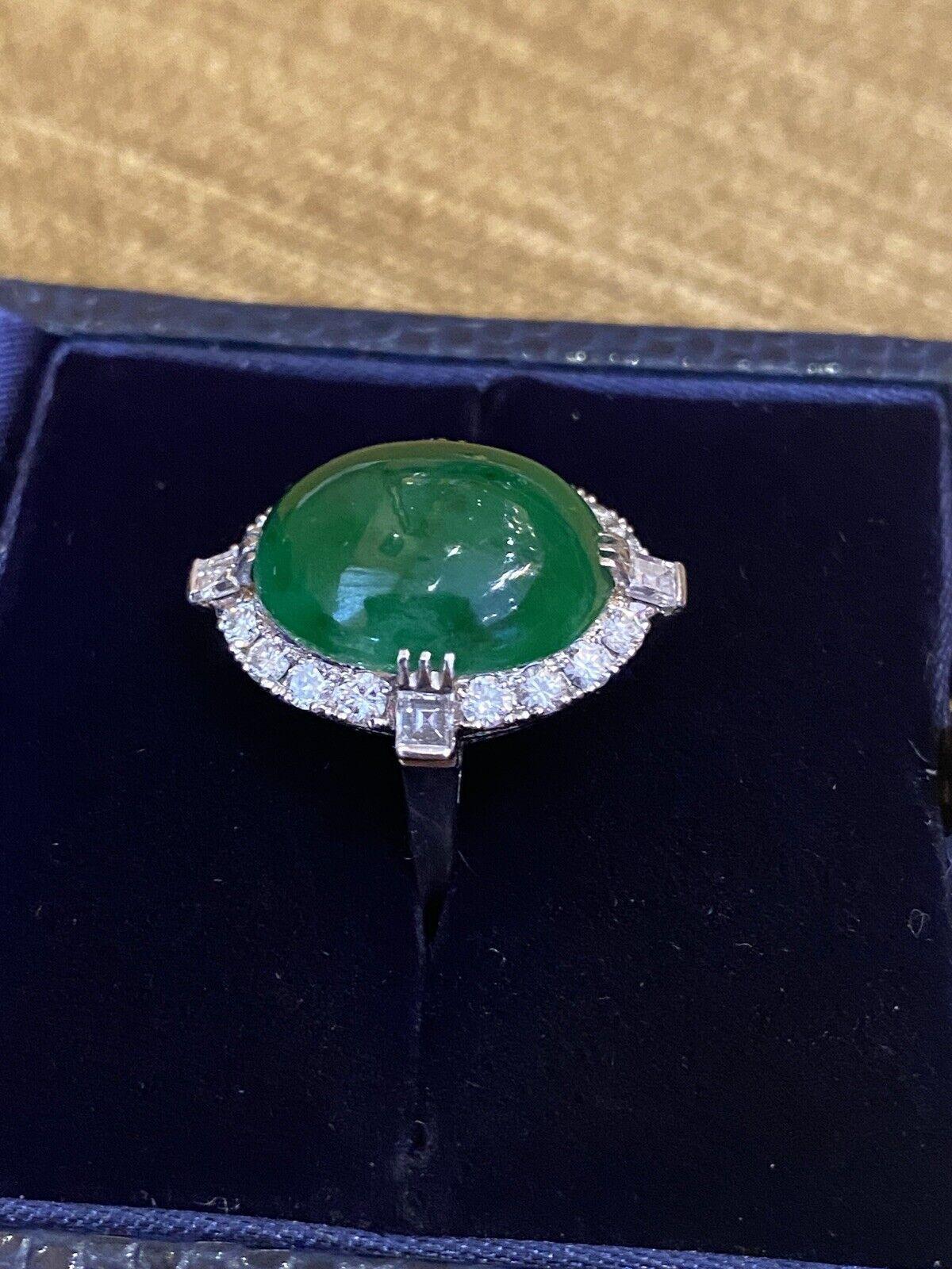Women's GIA Untreated Jade Oval Cabochon and Diamond Vintage Platinum Ring For Sale
