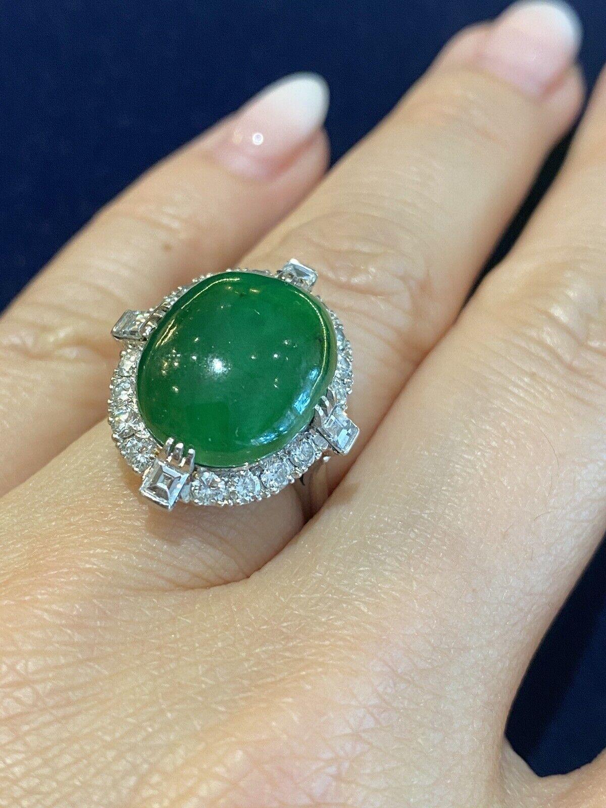 GIA Untreated Jade Oval Cabochon and Diamond Vintage Platinum Ring For Sale 2