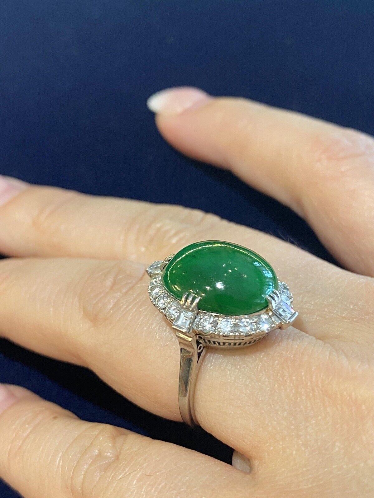 GIA Untreated Jade Oval Cabochon and Diamond Vintage Platinum Ring For Sale 3