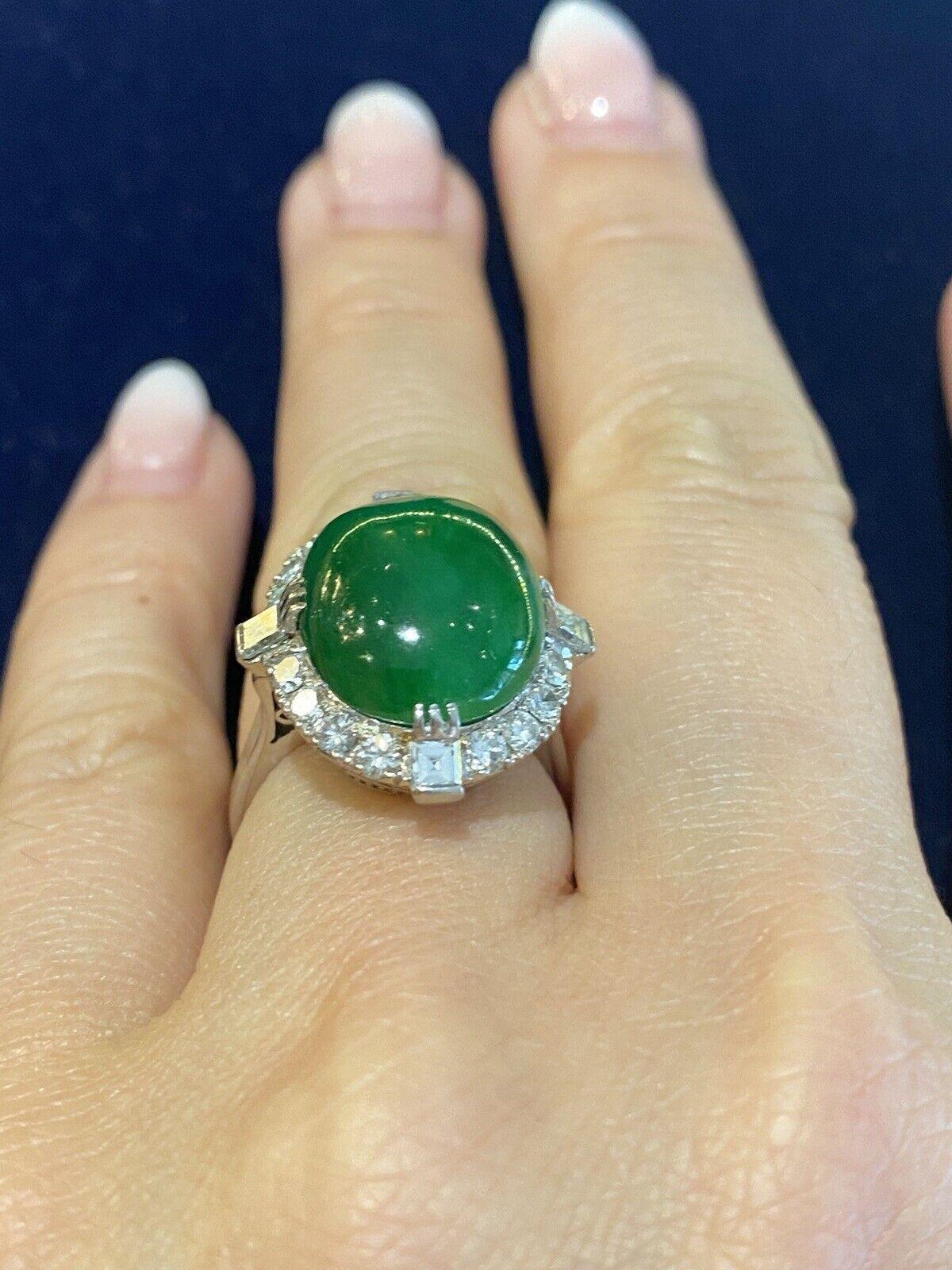 GIA Untreated Jade Oval Cabochon and Diamond Vintage Platinum Ring For Sale 4