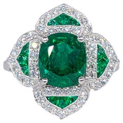GIA Untreated No Oil 3.48ct Cushion Emerald Diamond Platinum Estate Vintage Ring