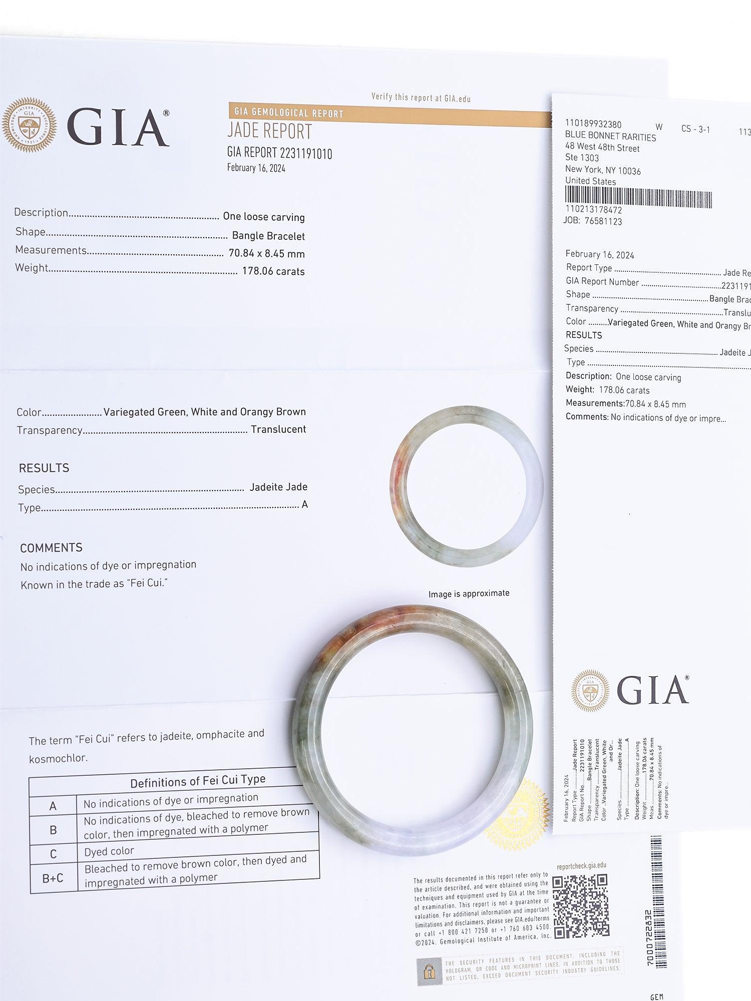 GIA Jadeite Variegated Green, White Orangy Brown Grade A Jade Bangle en vente 2