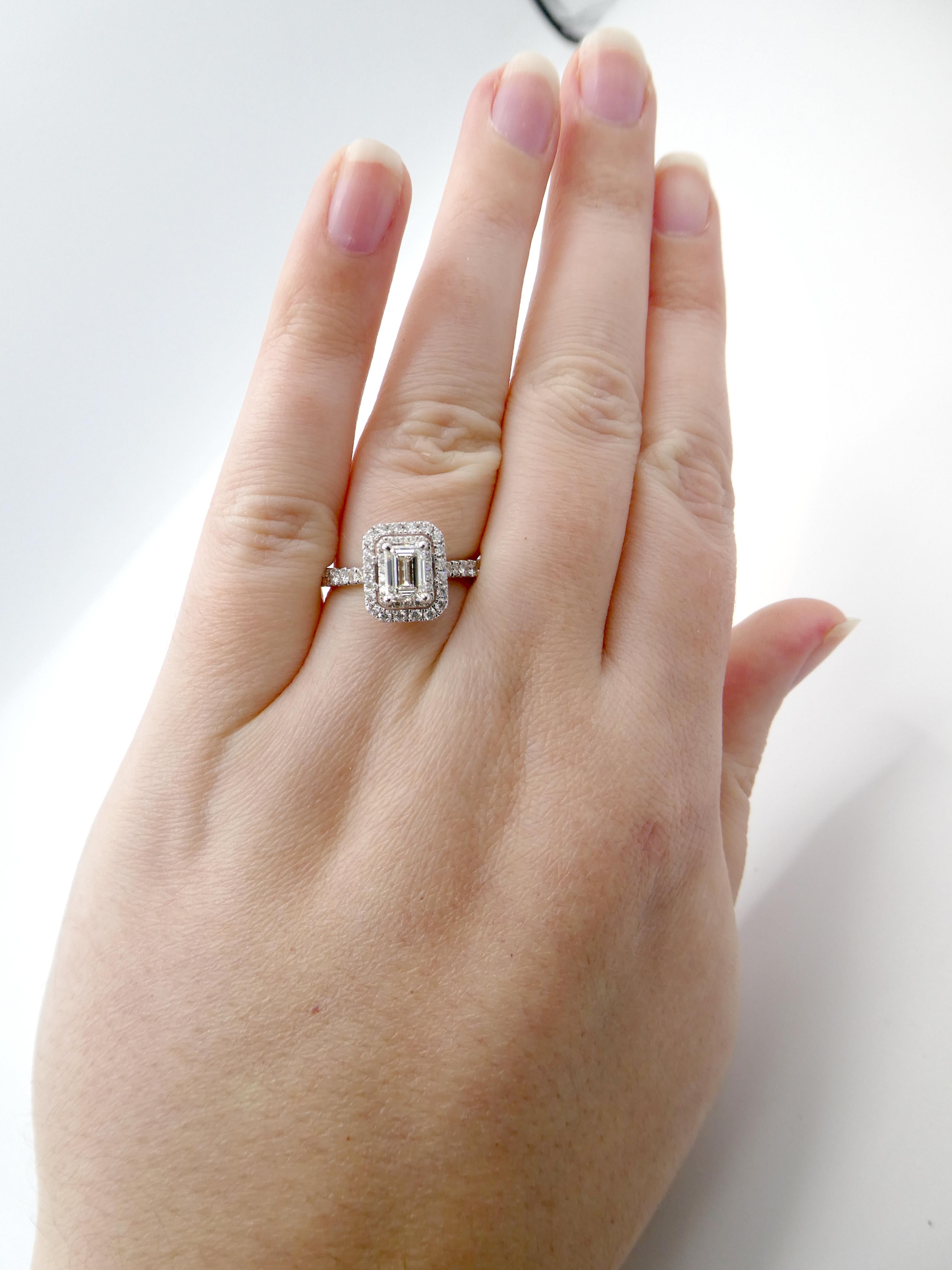 GIA Vera Wang 0.80 Carat Emerald Cut Diamond 14 Karat White Gold Halo Ring 2