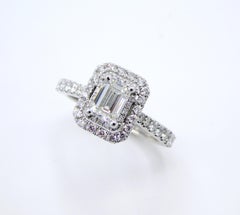 GIA Vera Wang 0.80 Carat Emerald Cut Diamond 14 Karat White Gold Halo Ring