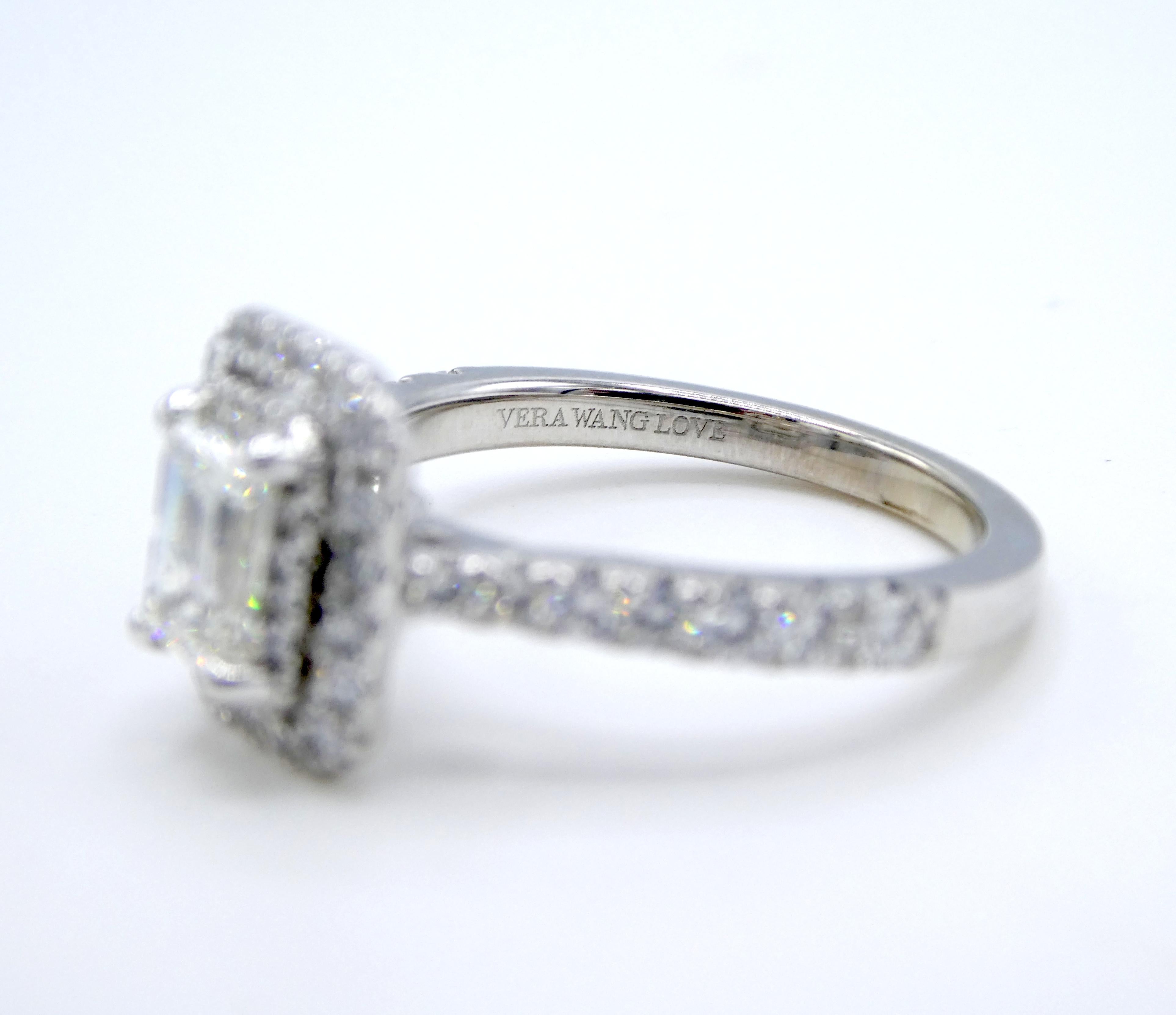 GIA Vera Wang 0.80 Carat Emerald Cut Diamond 14 Karat White Gold Halo Ring In Excellent Condition In  Baltimore, MD