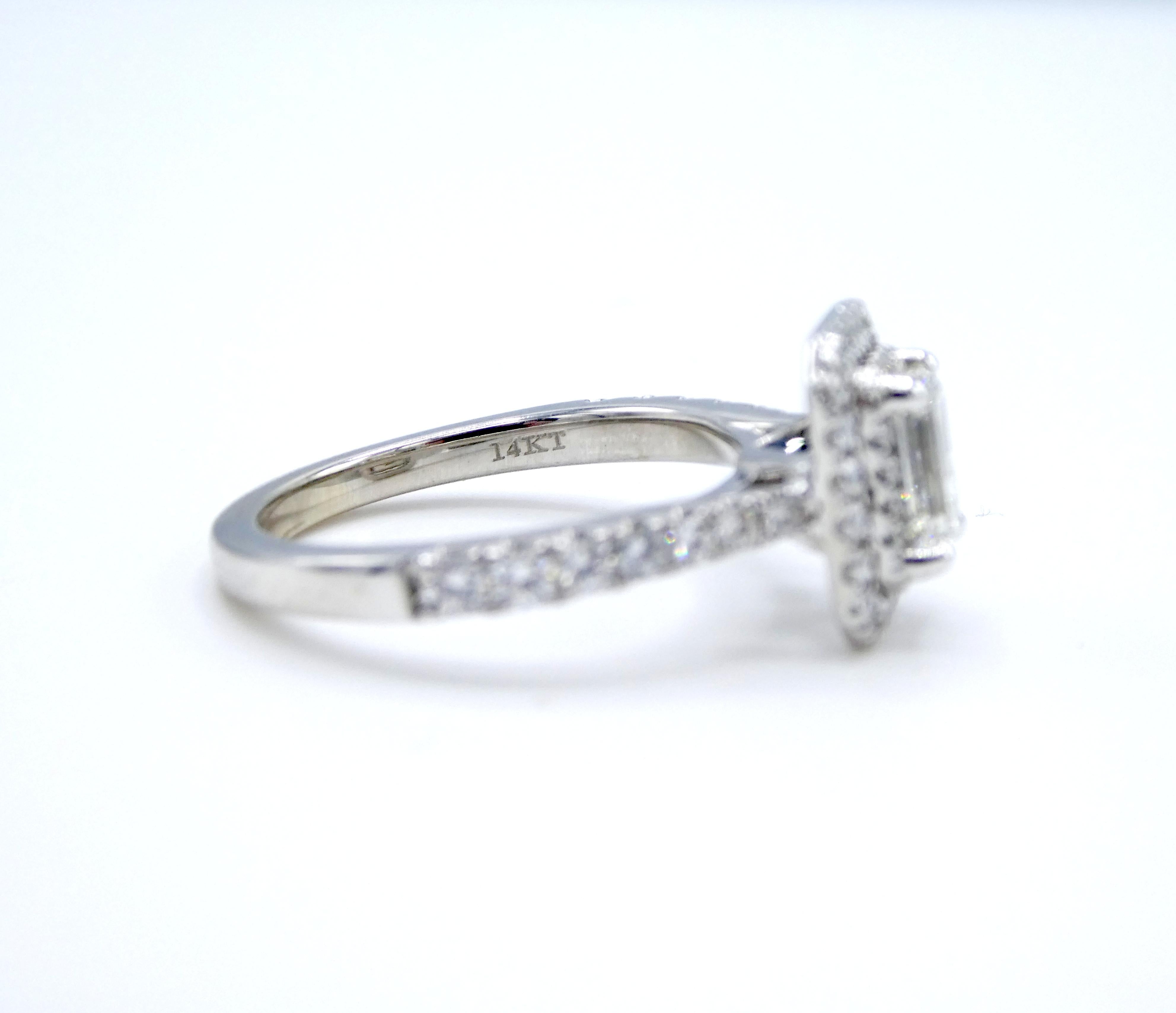 Women's GIA Vera Wang 0.80 Carat Emerald Cut Diamond 14 Karat White Gold Halo Ring