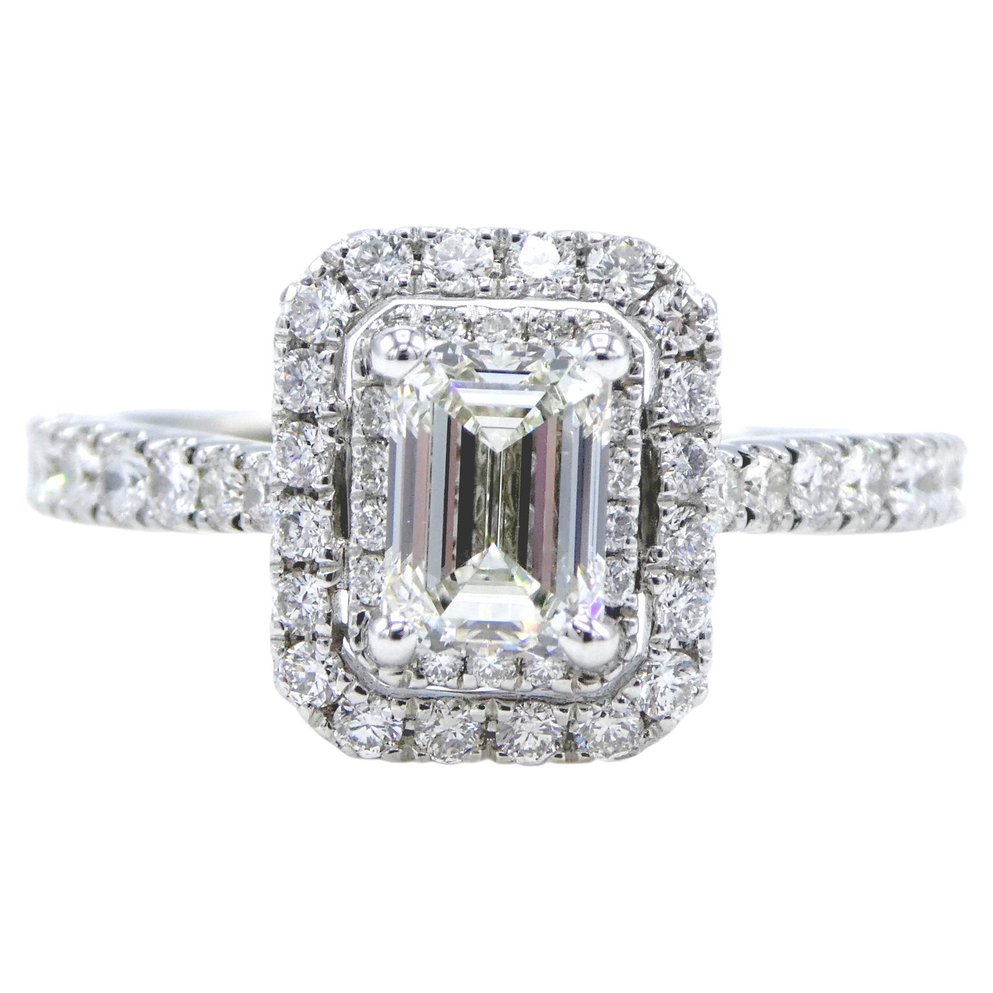 GIA Vera Wang 0.80 Carat Emerald Cut Diamond 14 Karat White Gold Halo Ring