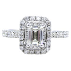 GIA Vera Wang 0.80 Carat Emerald Cut Diamond 14 Karat White Gold Halo Ring