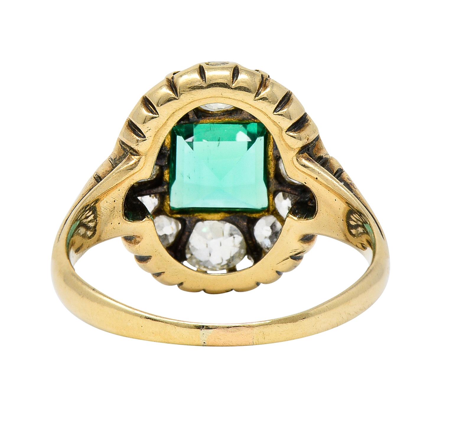 Square Cut Victorian 1.88 Carats No Oil Colombian Emerald Diamond 14 Karat Gold Ring GIA