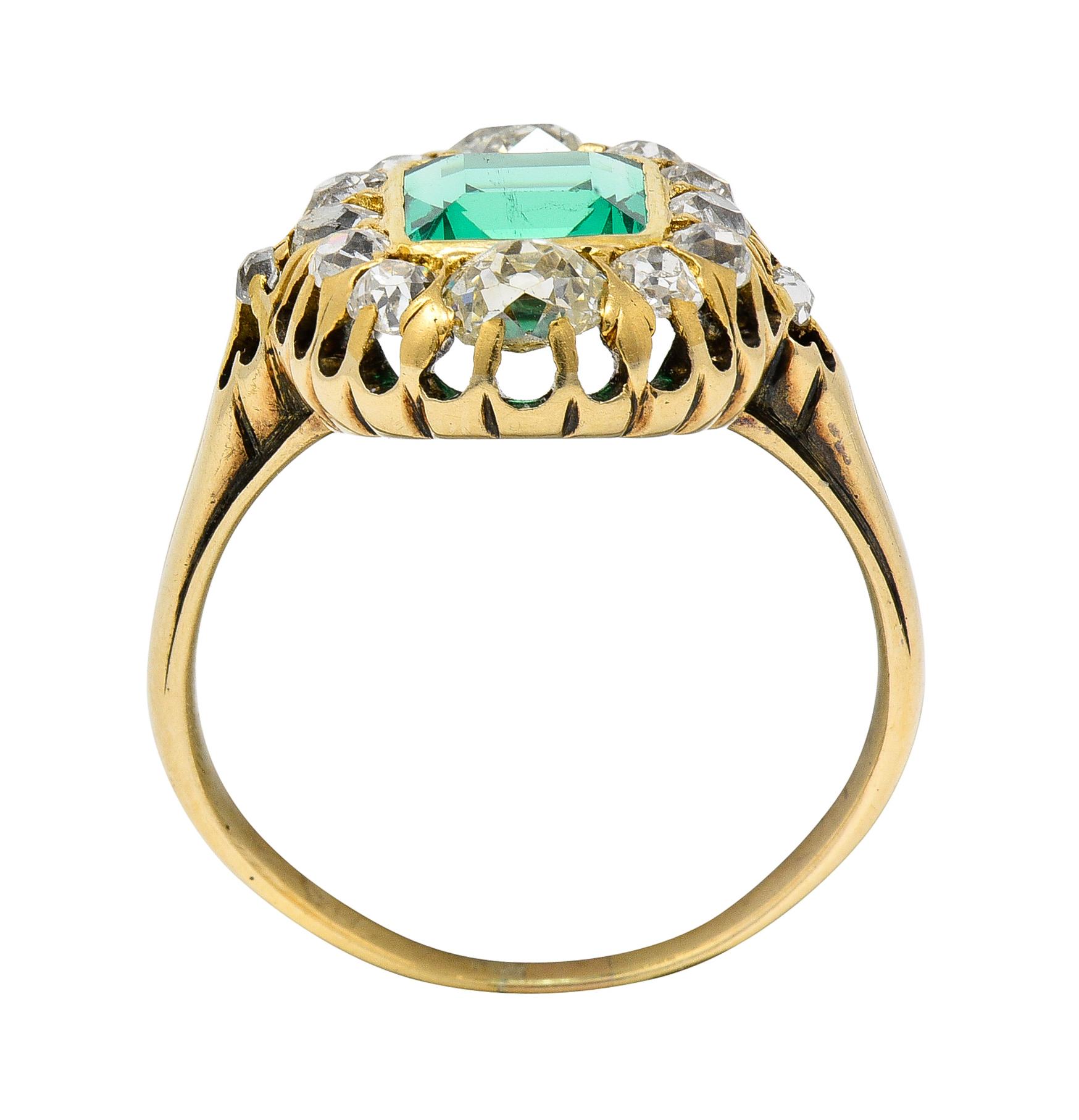 Victorian 1.88 Carats No Oil Colombian Emerald Diamond 14 Karat Gold Ring GIA 1