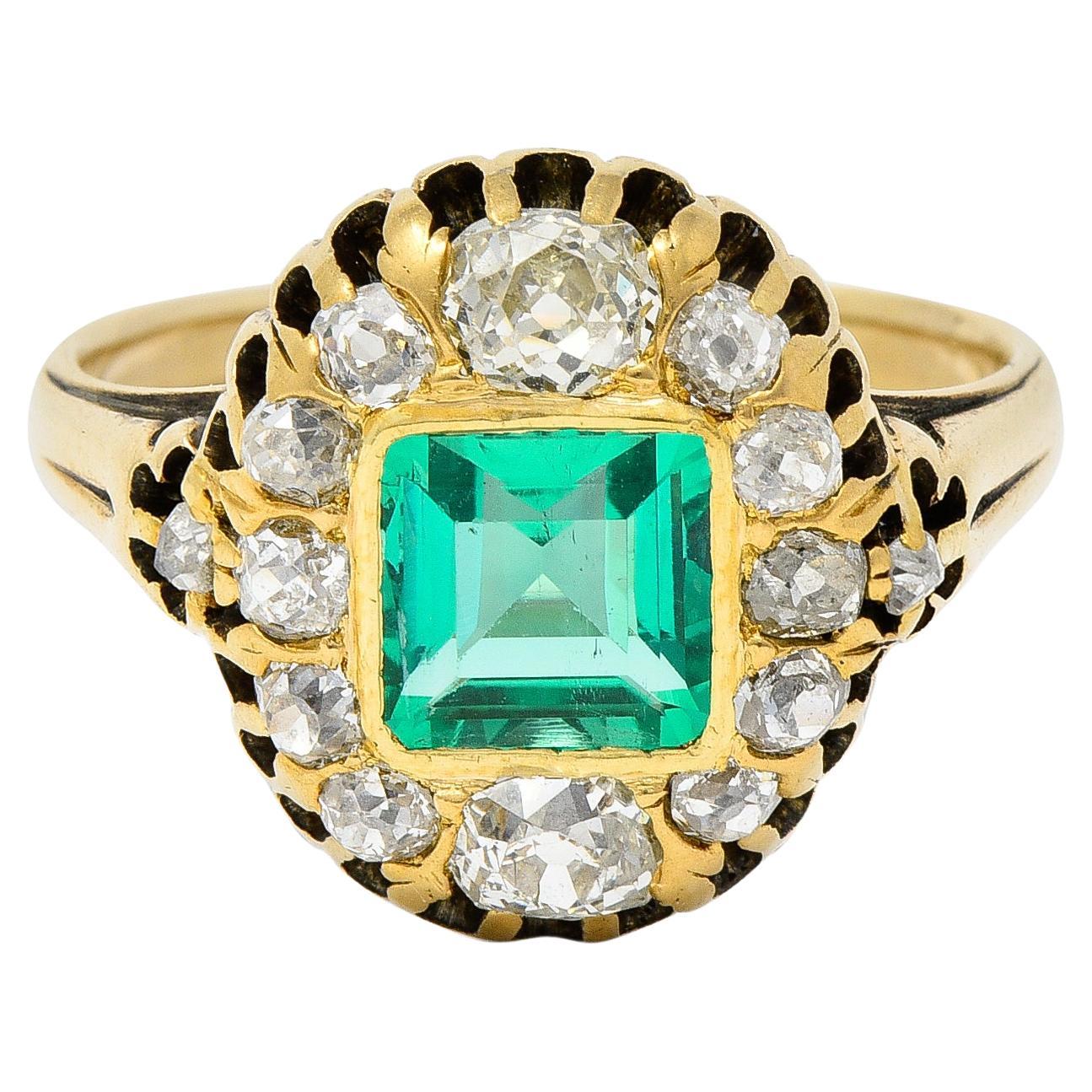 Victorian 1.88 Carats No Oil Colombian Emerald Diamond 14 Karat Gold Ring GIA