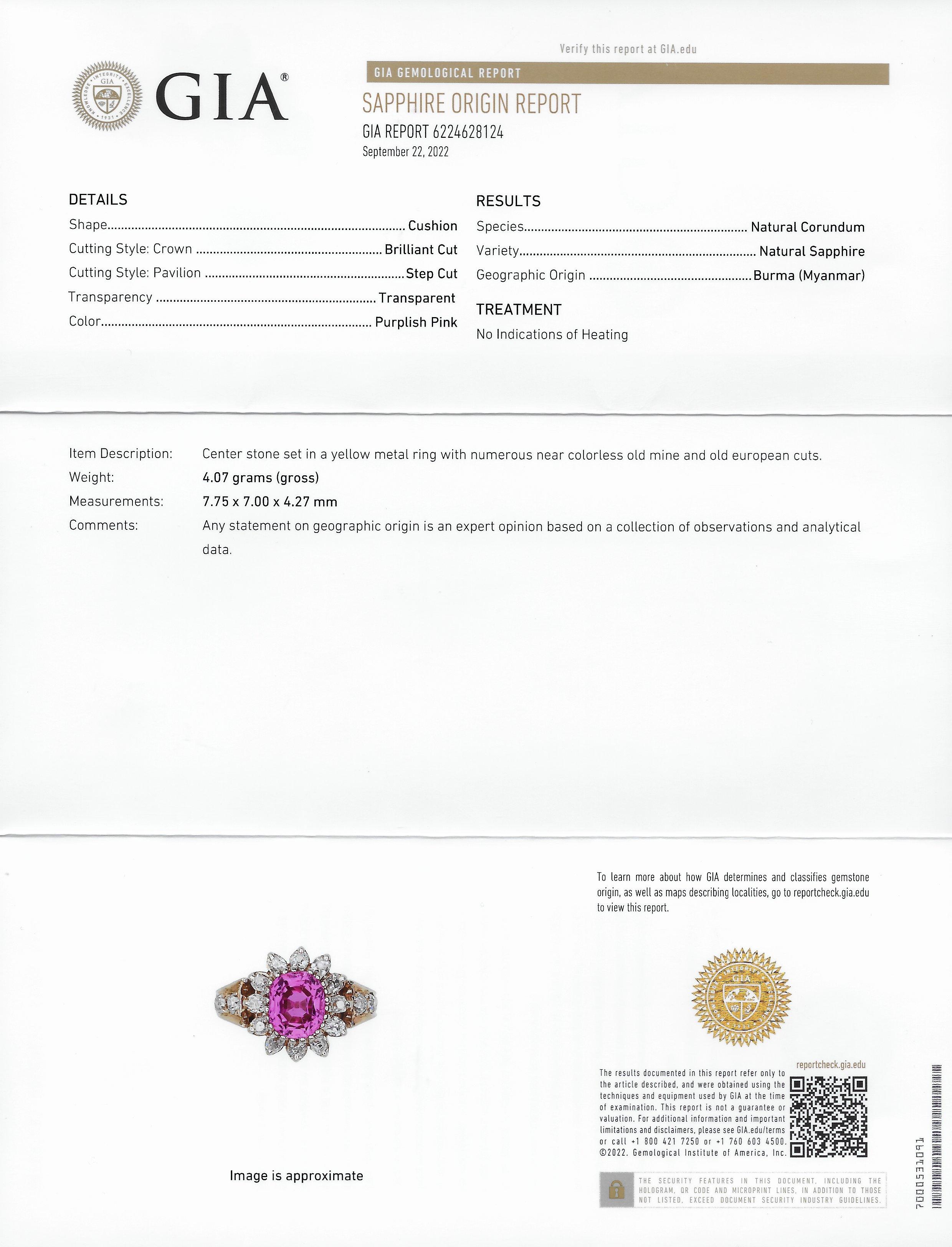 GIA Victorian 2.94 Carats Cushion No-Heat Pink Burma Sapphire Diamond Ring 8