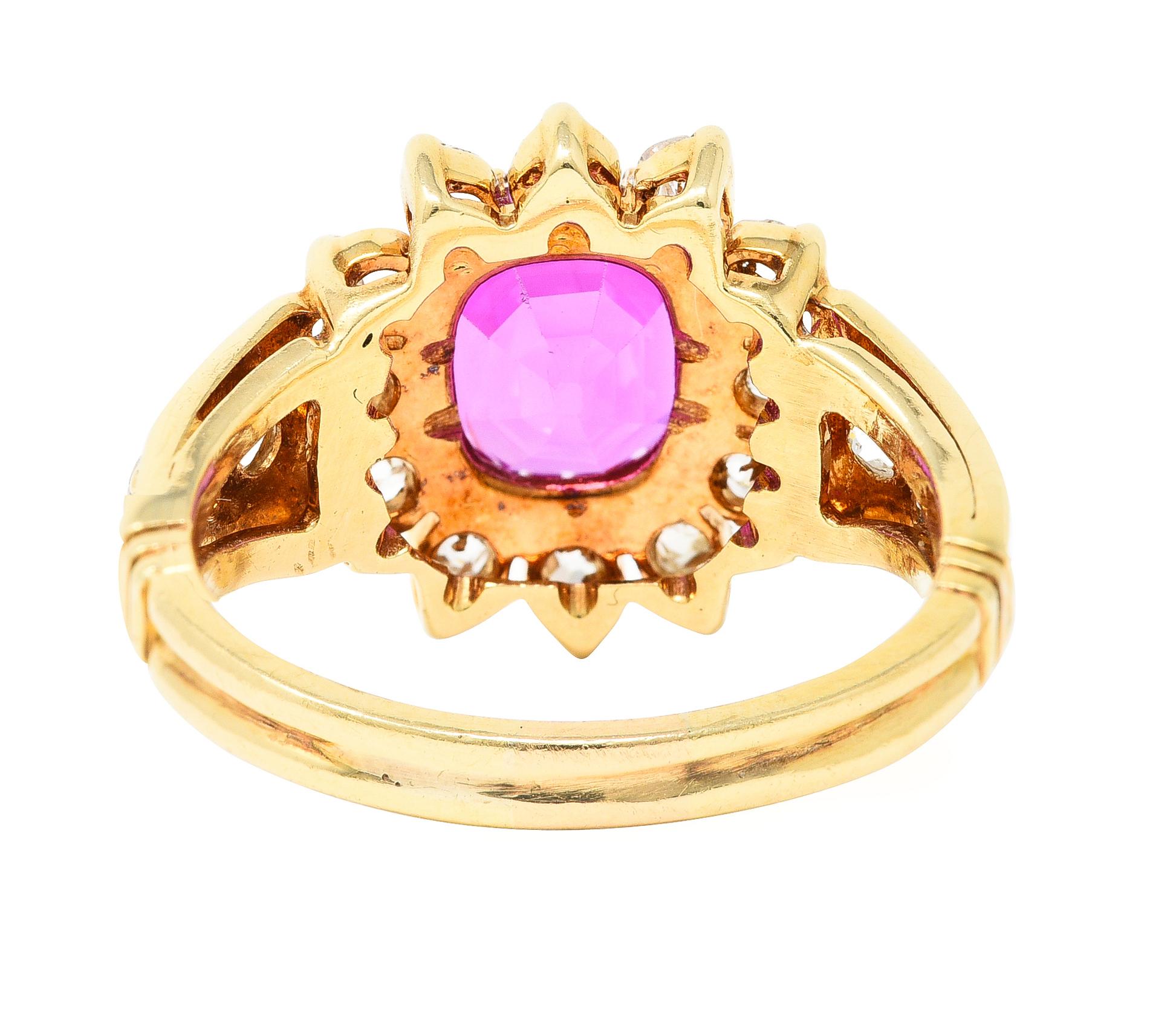 GIA Victorian 2.94 Carats Cushion No-Heat Pink Burma Sapphire Diamond Ring In Excellent Condition In Philadelphia, PA