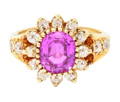 GIA Victorian 2.94 Carats Cushion No-Heat Pink Burma Sapphire Diamond Ring