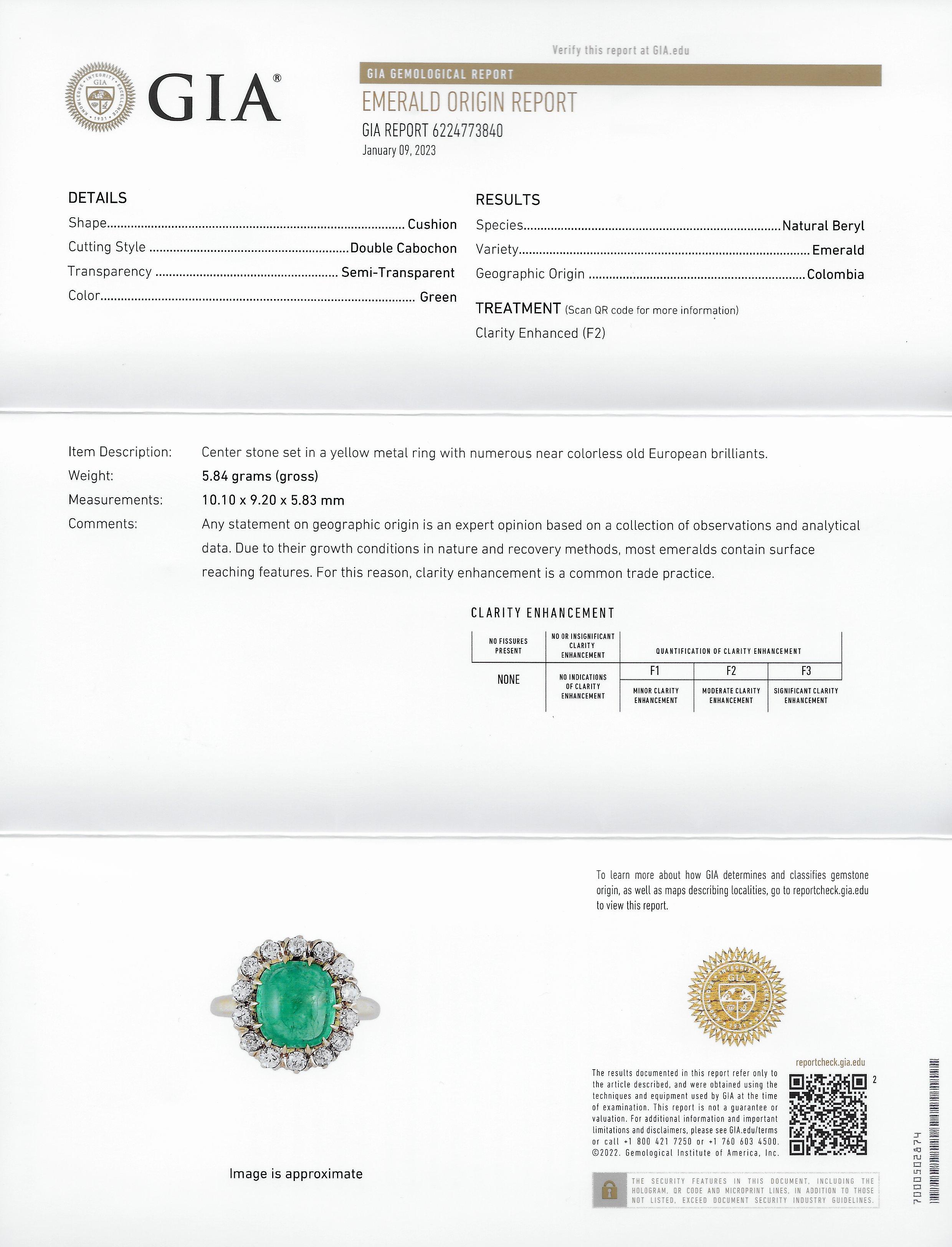 GIA Victorian 6.28 Carats Colombian Emerald OEC Diamond 14 Karat Ring For Sale 5