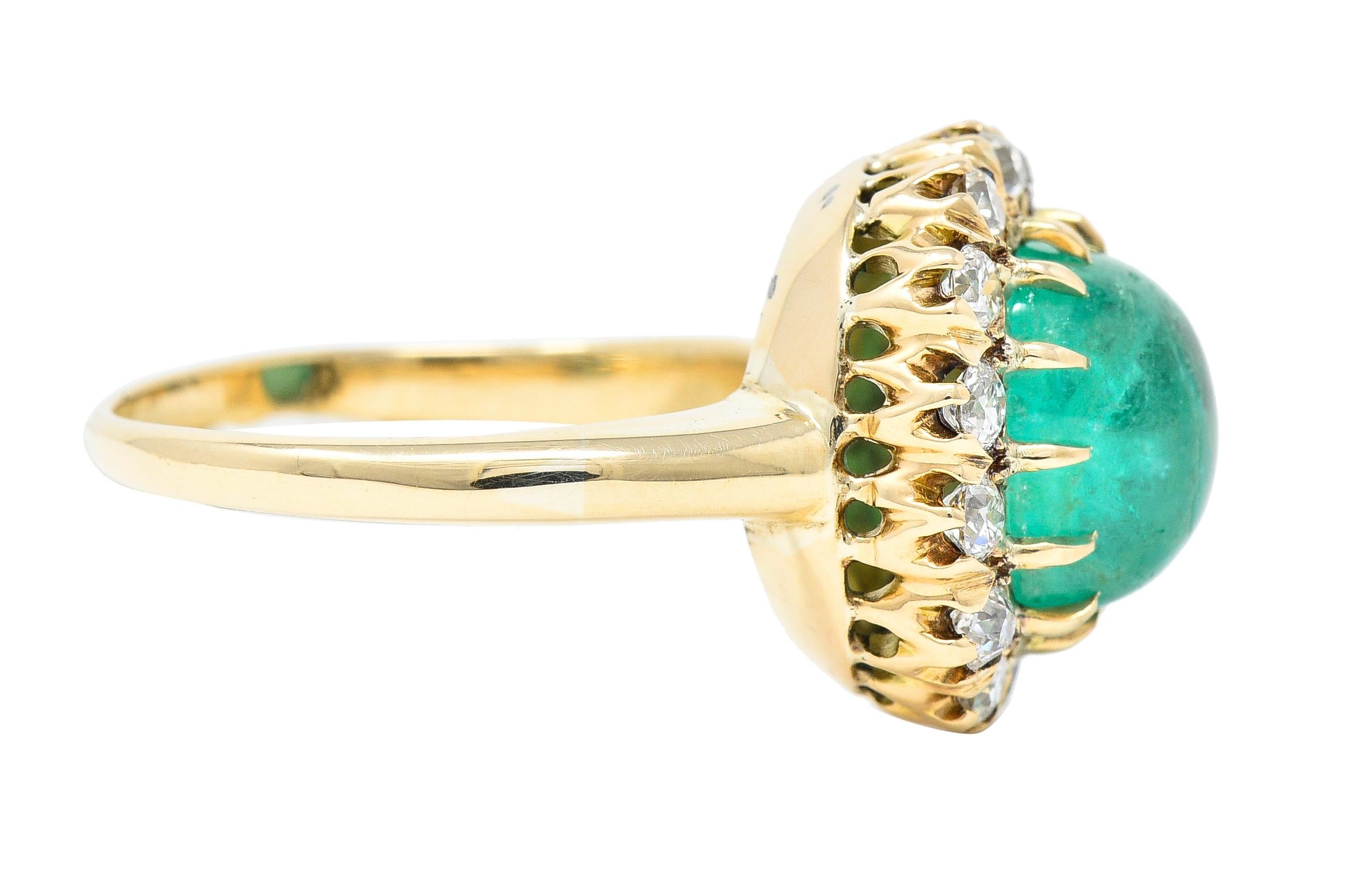 Old European Cut GIA Victorian 6.28 Carats Colombian Emerald OEC Diamond 14 Karat Ring For Sale