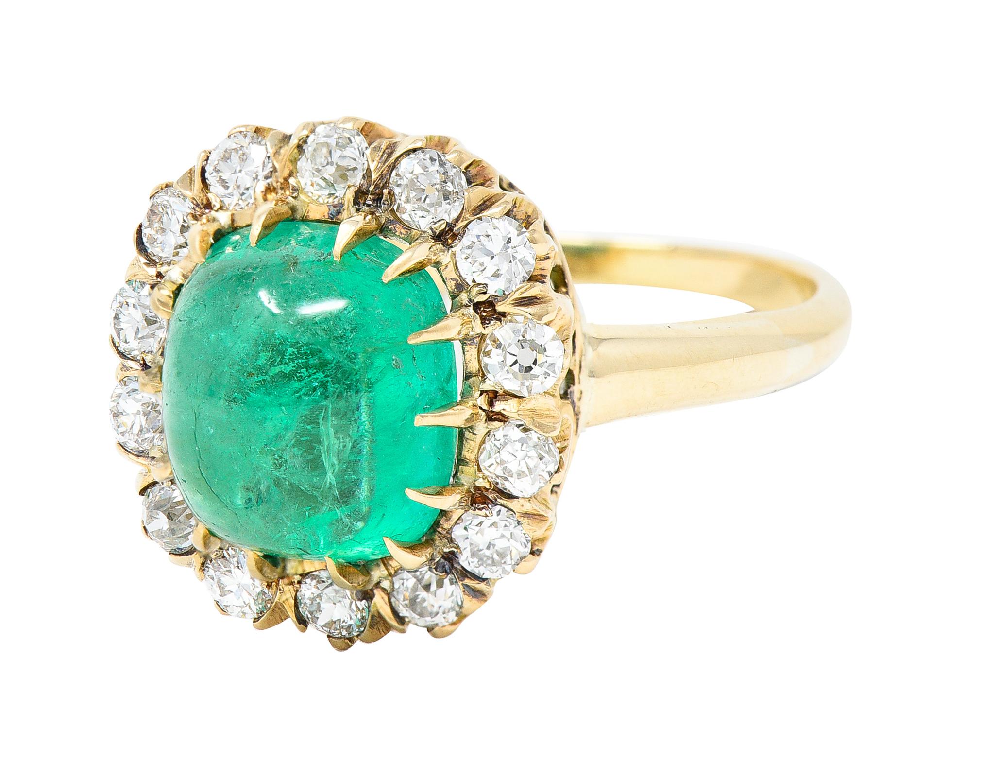 Women's or Men's GIA Victorian 6.28 Carats Colombian Emerald OEC Diamond 14 Karat Ring For Sale