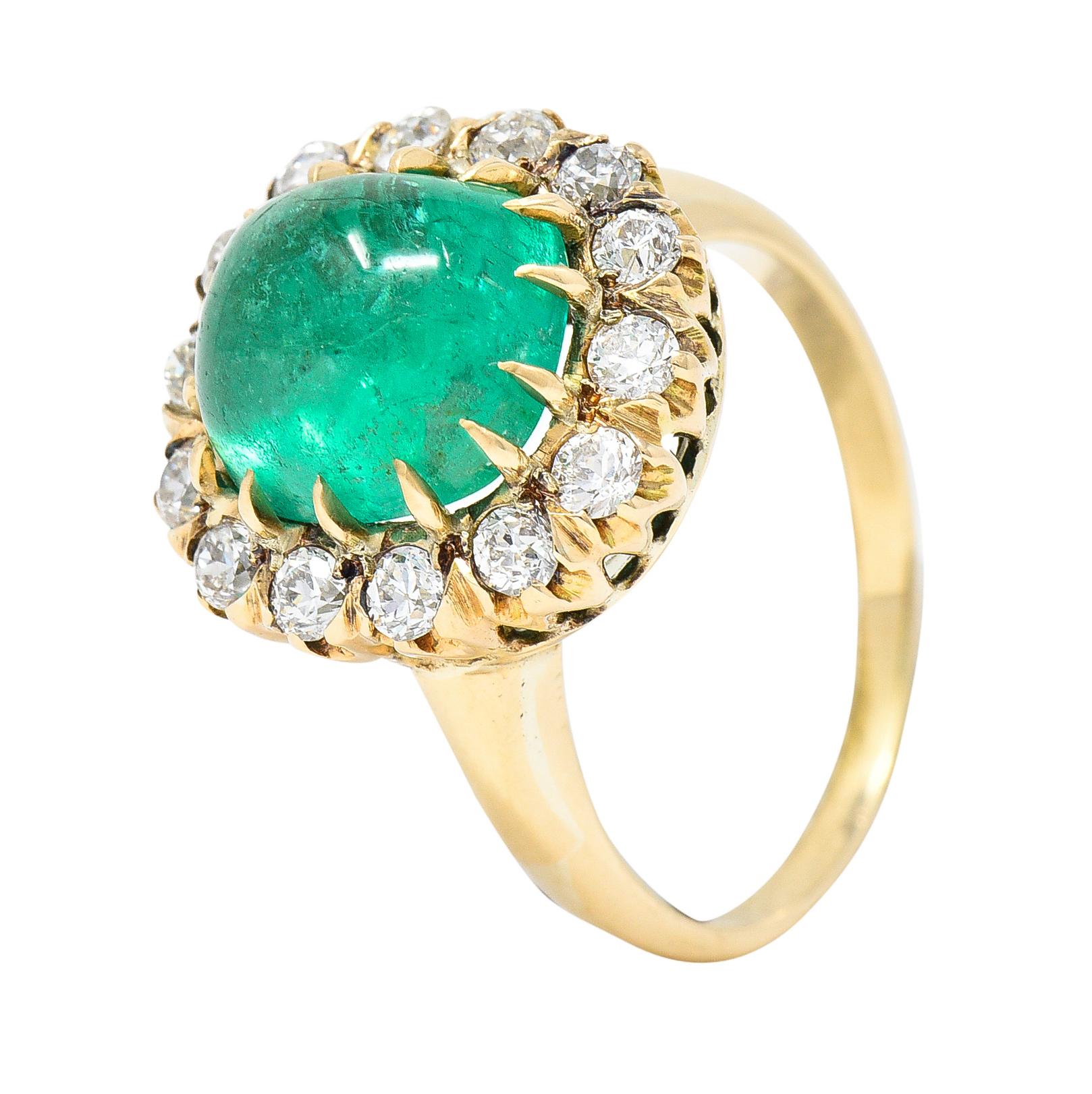 GIA Victorian 6.28 Carats Colombian Emerald OEC Diamond 14 Karat Ring For Sale 1
