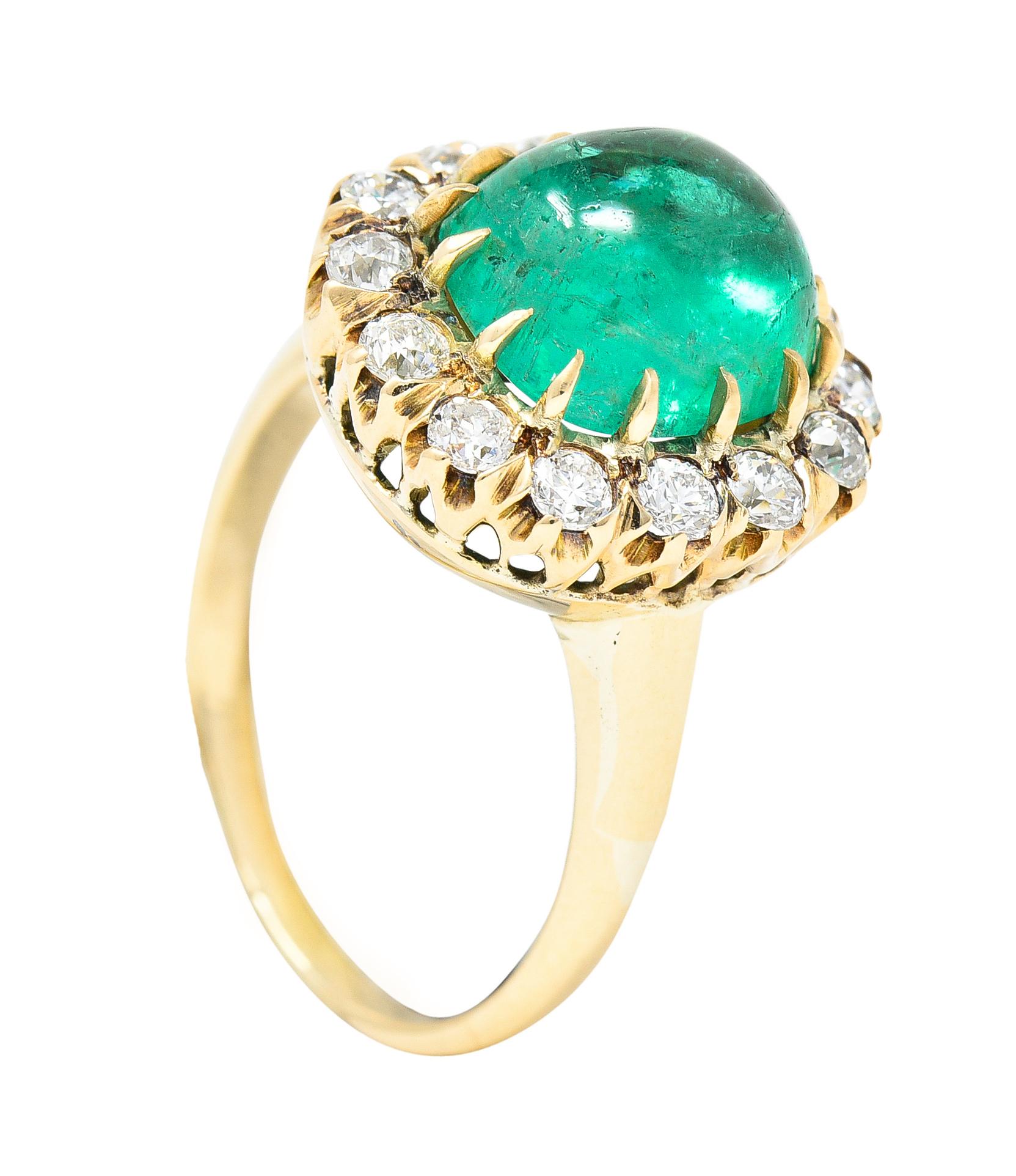 GIA Victorian 6.28 Carats Colombian Emerald OEC Diamond 14 Karat Ring For Sale 4