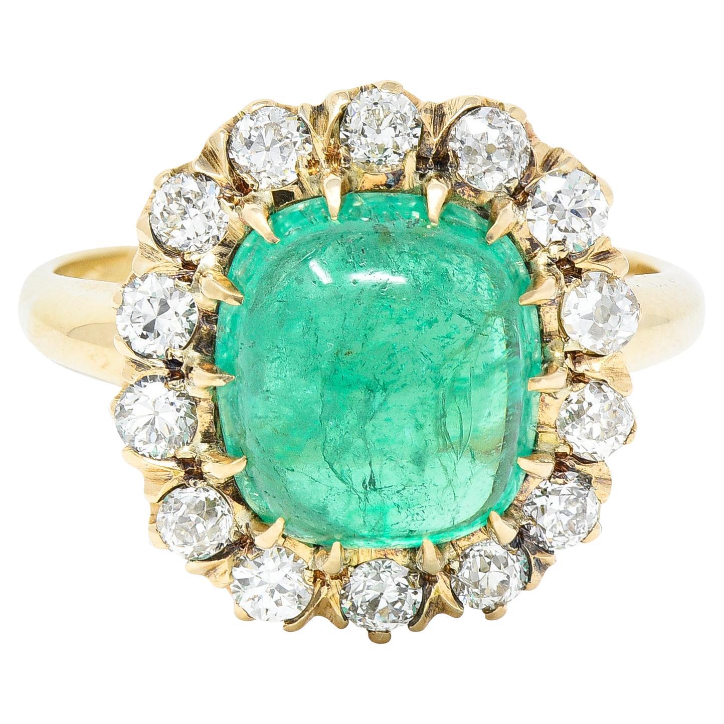 GIA Victorian 6.28 Carats Colombian Emerald OEC Diamond 14 Karat Ring For Sale