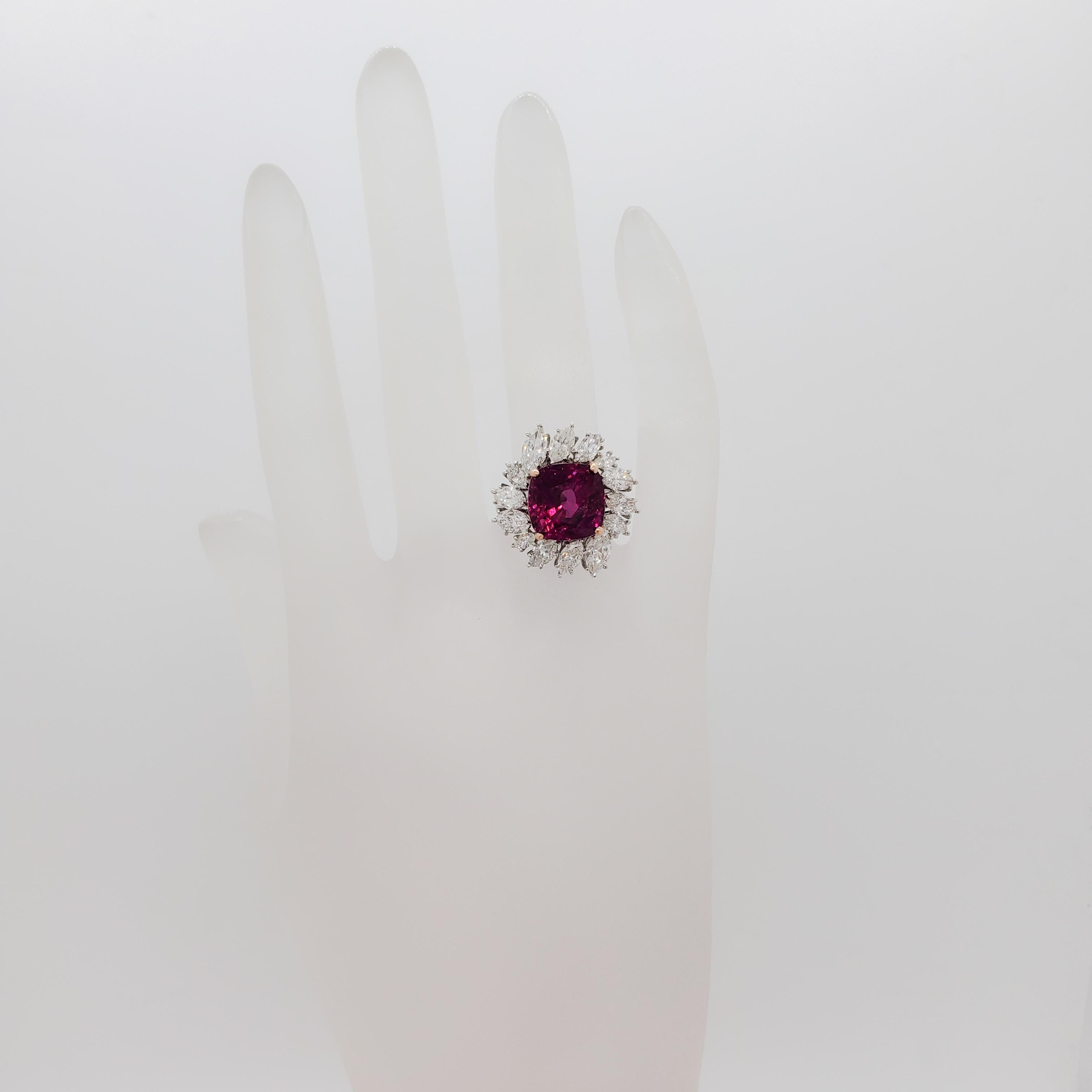 Cushion Cut GIA Vietnamese Ruby Cushion and White Diamond Cocktail Ring in Platinum and Gold