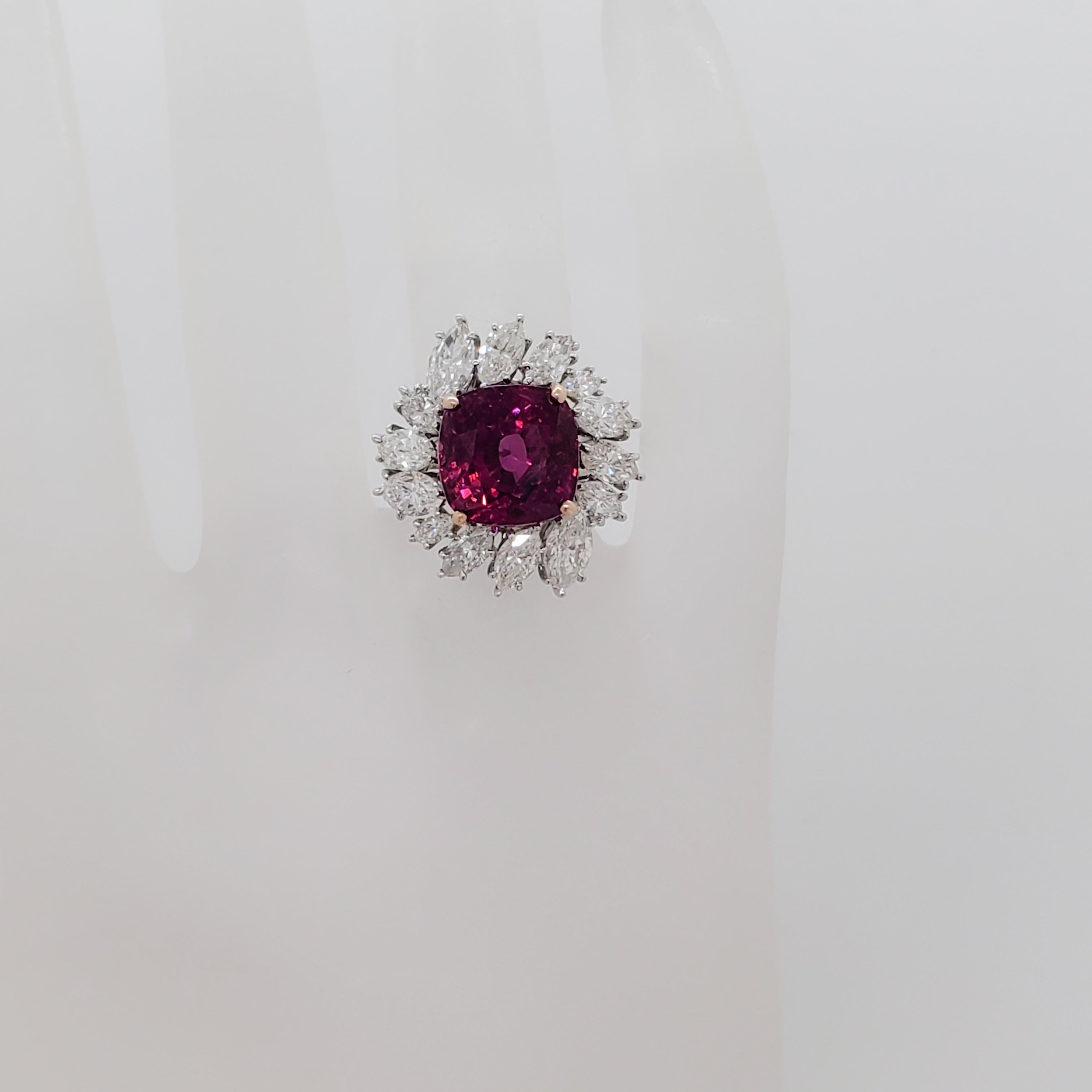 GIA Vietnamese Ruby Cushion and White Diamond Cocktail Ring in Platinum and Gold In New Condition In Los Angeles, CA