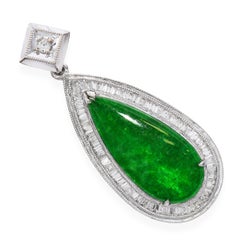 GIA Vintage 18k White Gold Imperial Green Jadeite and Diamond Pendant